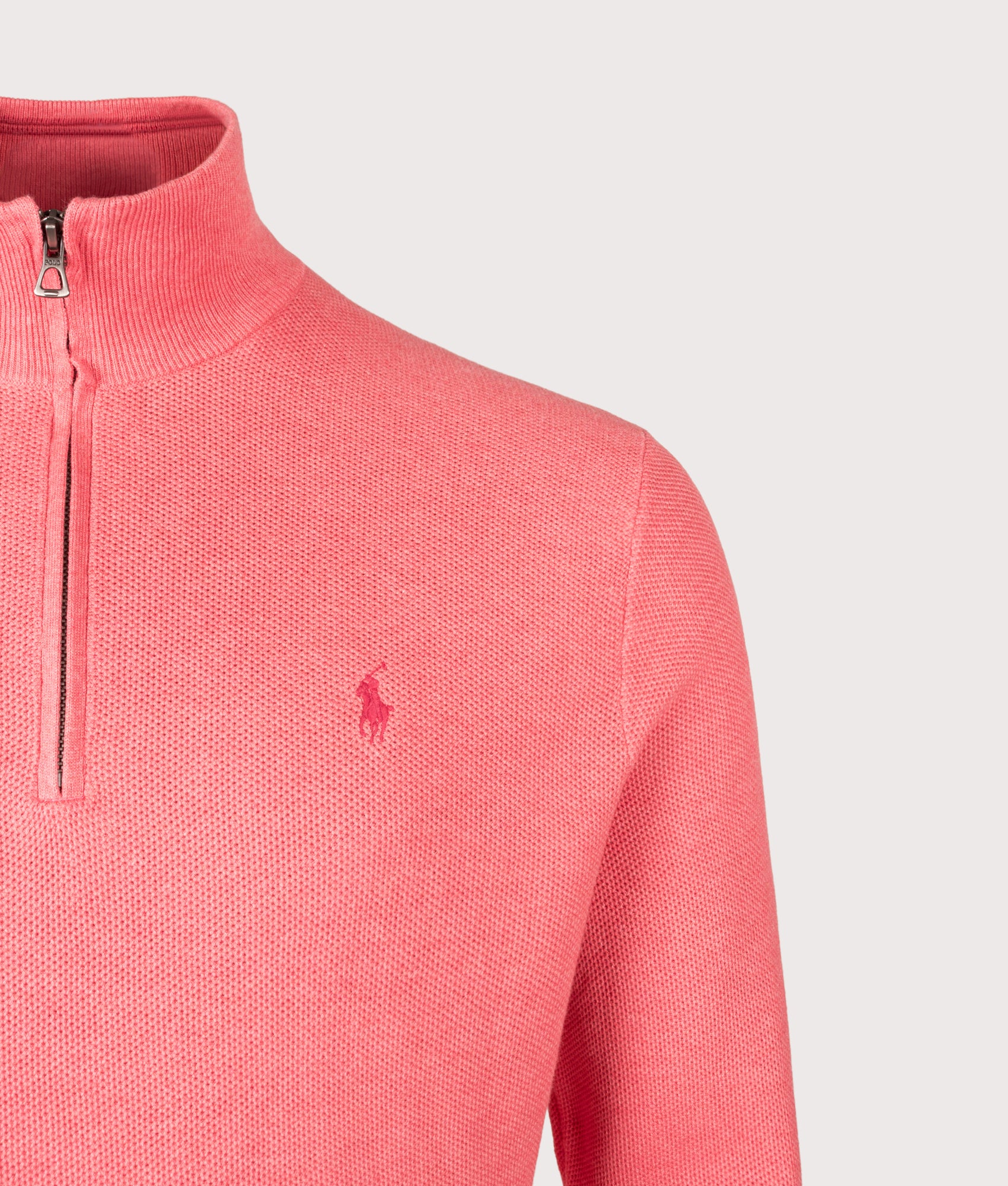 Polo Ralph Lauren Mesh Knit Cotton Quarter Zip Jumper in Cherry Pink Heather at EQVVS Menswear. Detail shot.