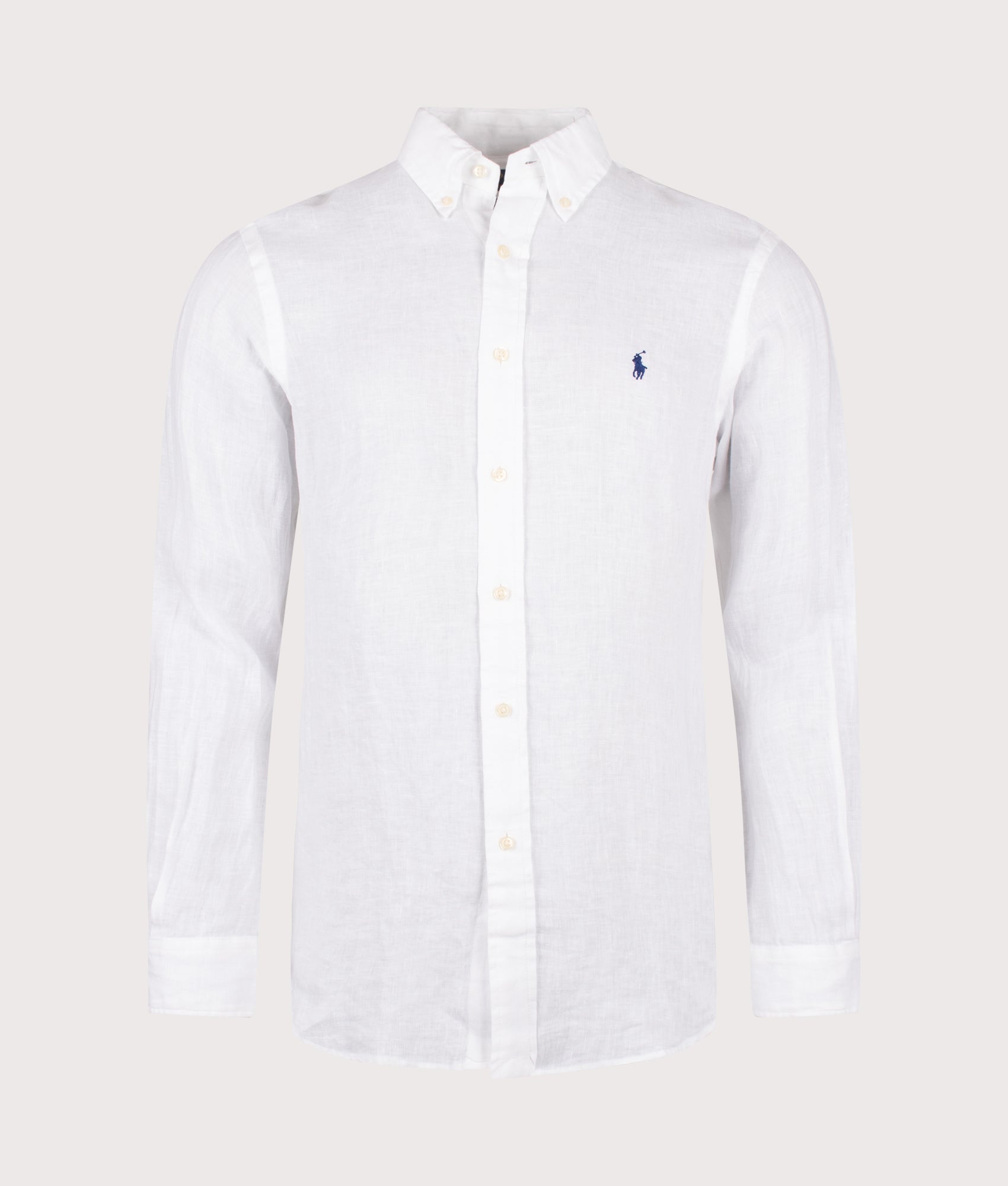 Polo Ralph Lauren Custom Fit Linen Shirt in White at EQVVS Menswear. Front shot.