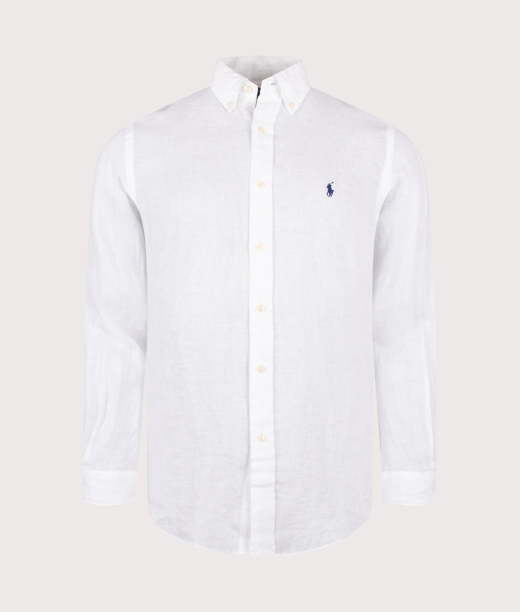 Polo Ralph Lauren Custom Fit Linen Shirt in White at EQVVS Menswear. Front shot.