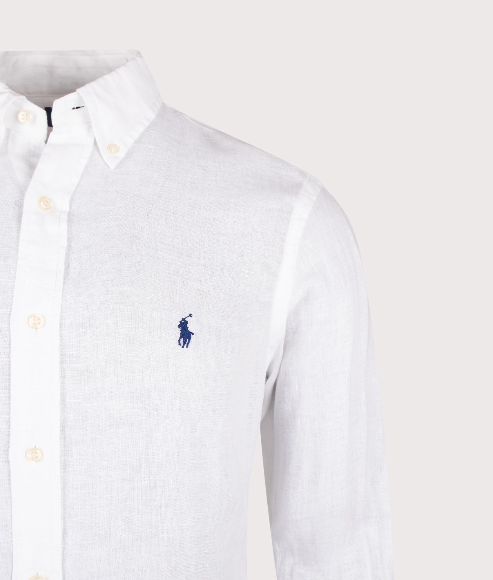 Polo Ralph Lauren Custom Fit Linen Shirt in White at EQVVS Menswear. Detail shot.