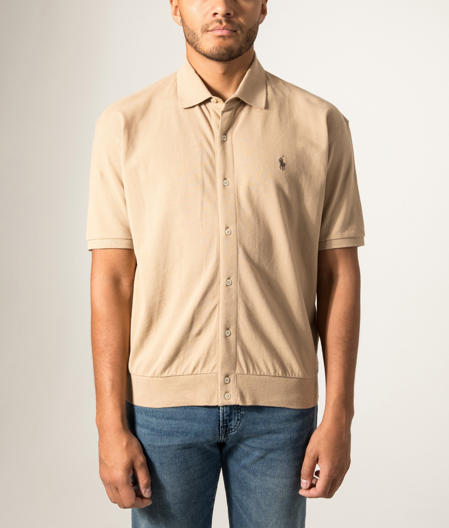 Polo Ralph Lauren Polo shirt Relaxed Fit Cotton Mesh Shirt in Vintage Khaki at EQVVS Menswear. Model front shot.