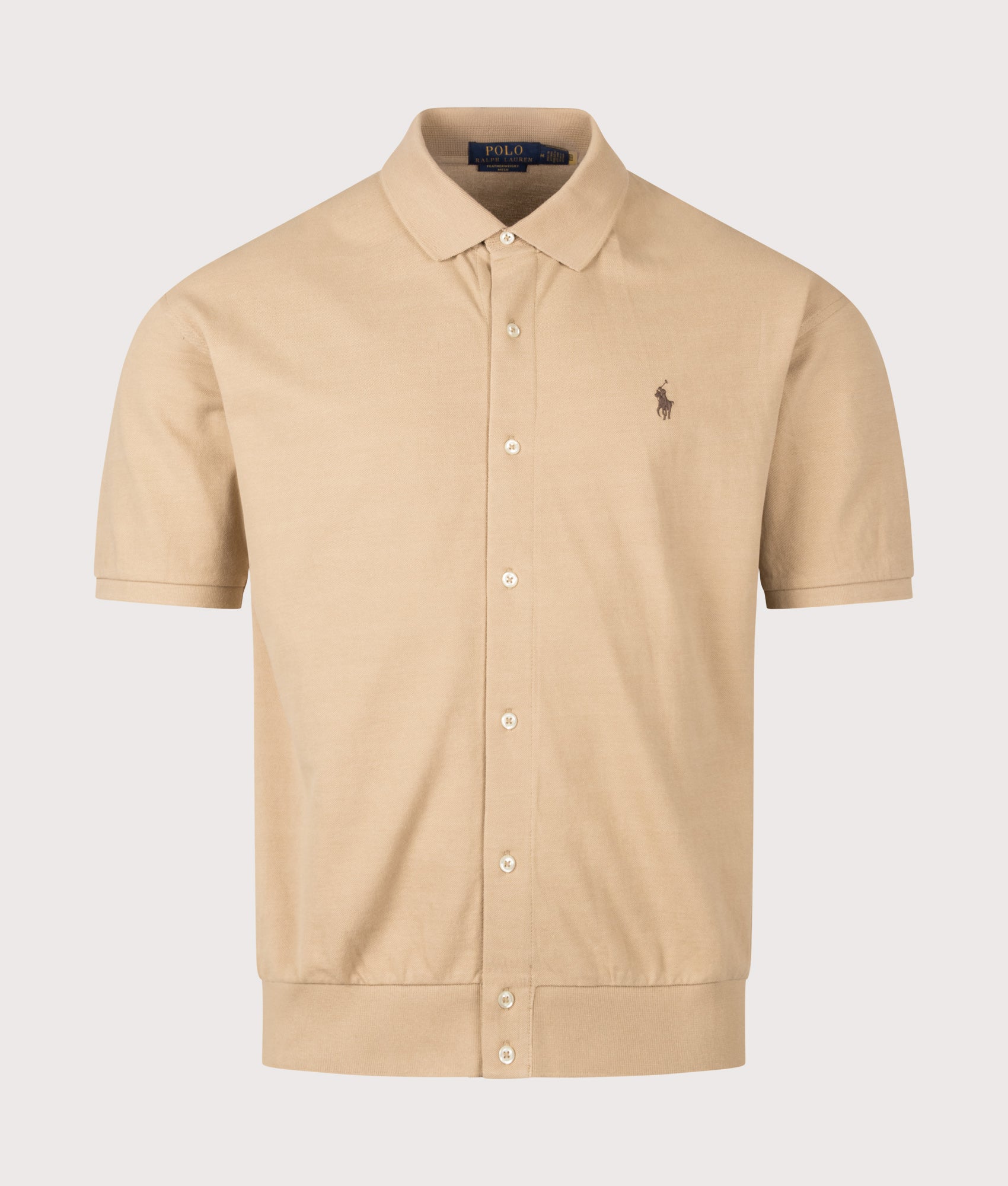 Polo Ralph Lauren Polo shirt Relaxed Fit Cotton Mesh Shirt in Vintage Khaki at EQVVS Menswear. Front shot.