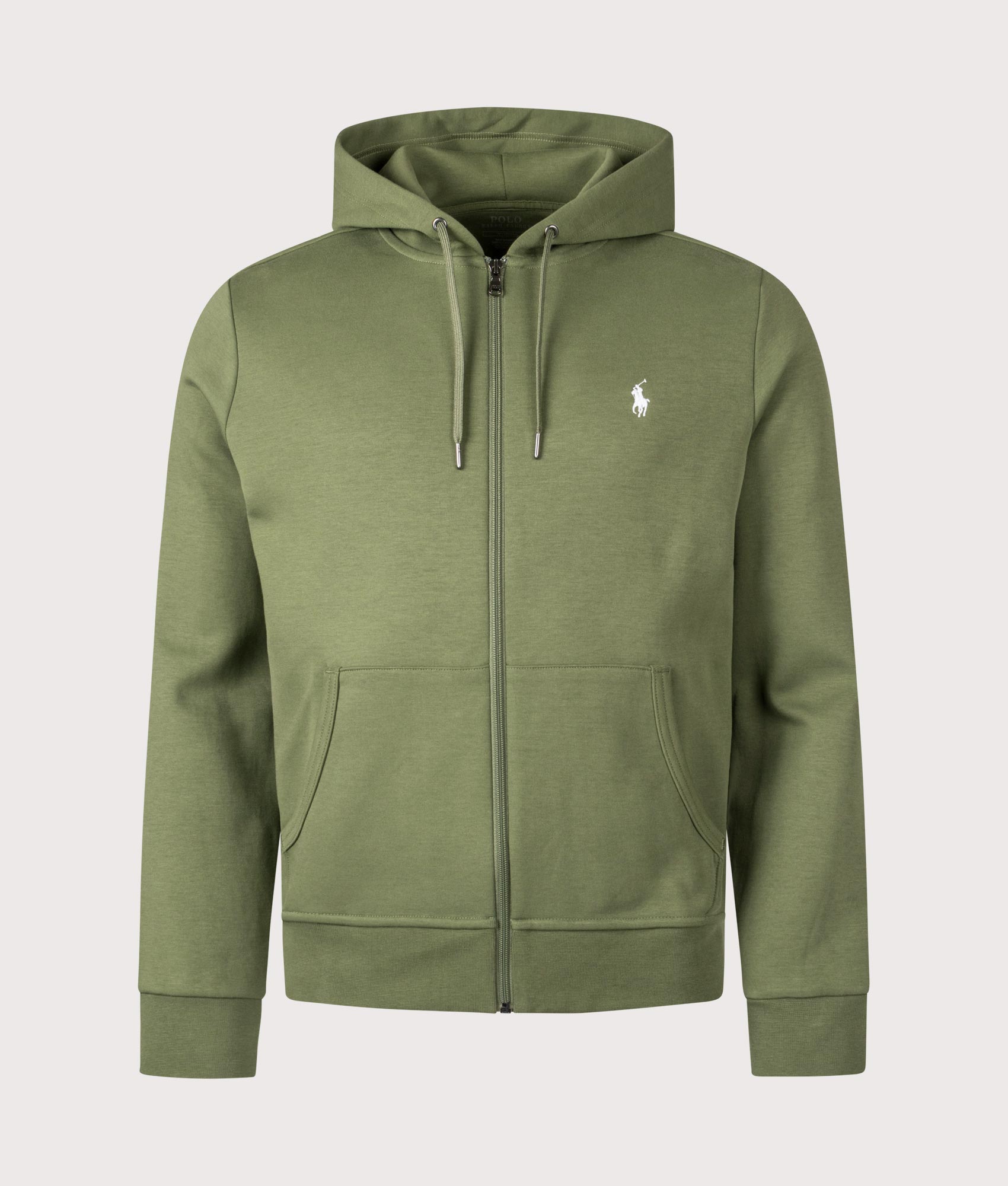 Polo Ralph Lauren Zip Through Double Knit Hoodie in Supply Olive at EQVVS Menswear. Front shot.