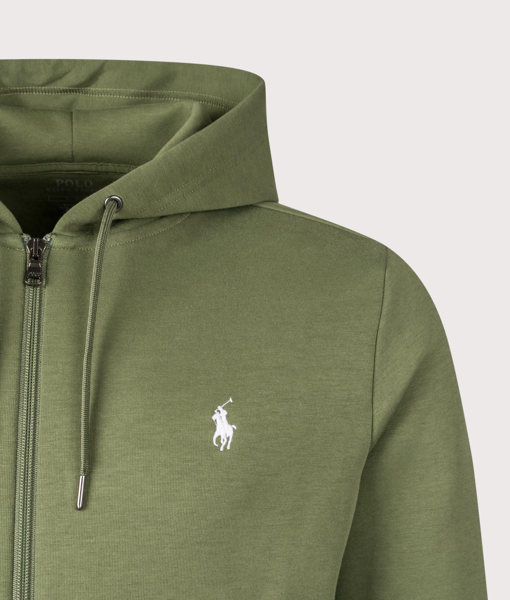 Polo Ralph Lauren Zip Through Double Knit Hoodie in Supply Olive at EQVVS Menswear. Detail shot.
