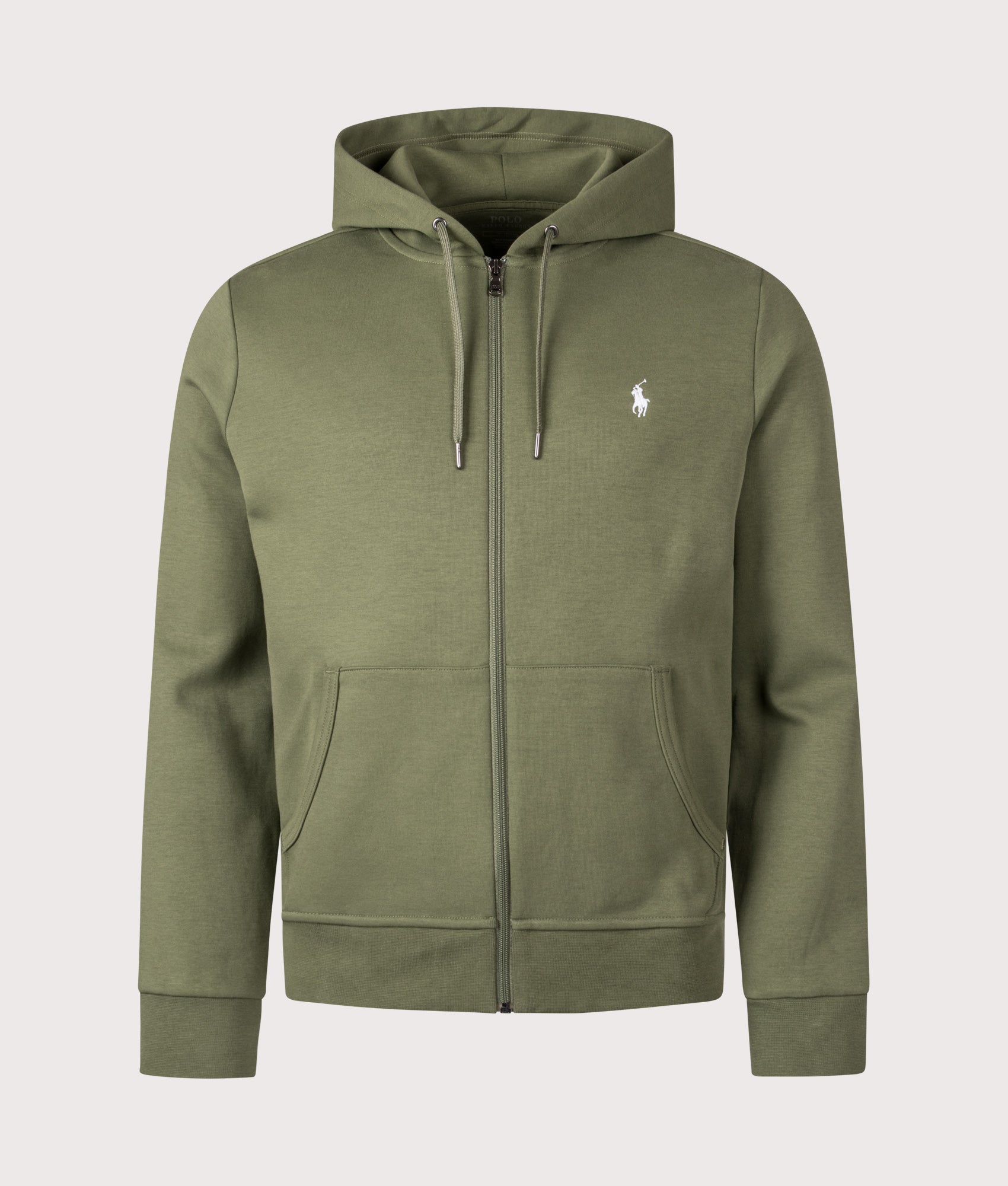 Polo Ralph Lauren Zip Through Double Knit Hoodie in Supply Olive at EQVVS Menswear. Front shot.