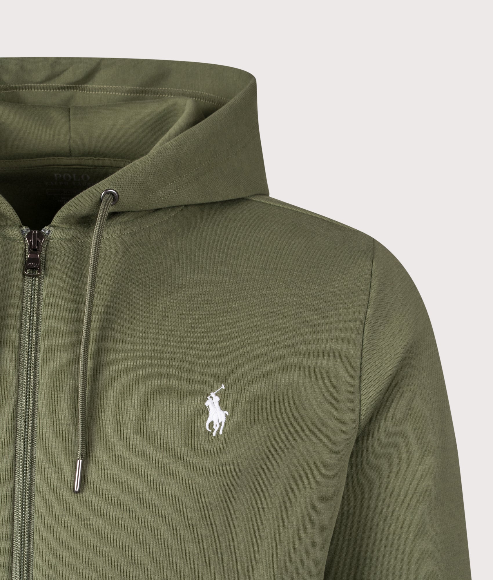 Polo Ralph Lauren Zip Through Double Knit Hoodie in Supply Olive at EQVVS Menswear. Detail shot.