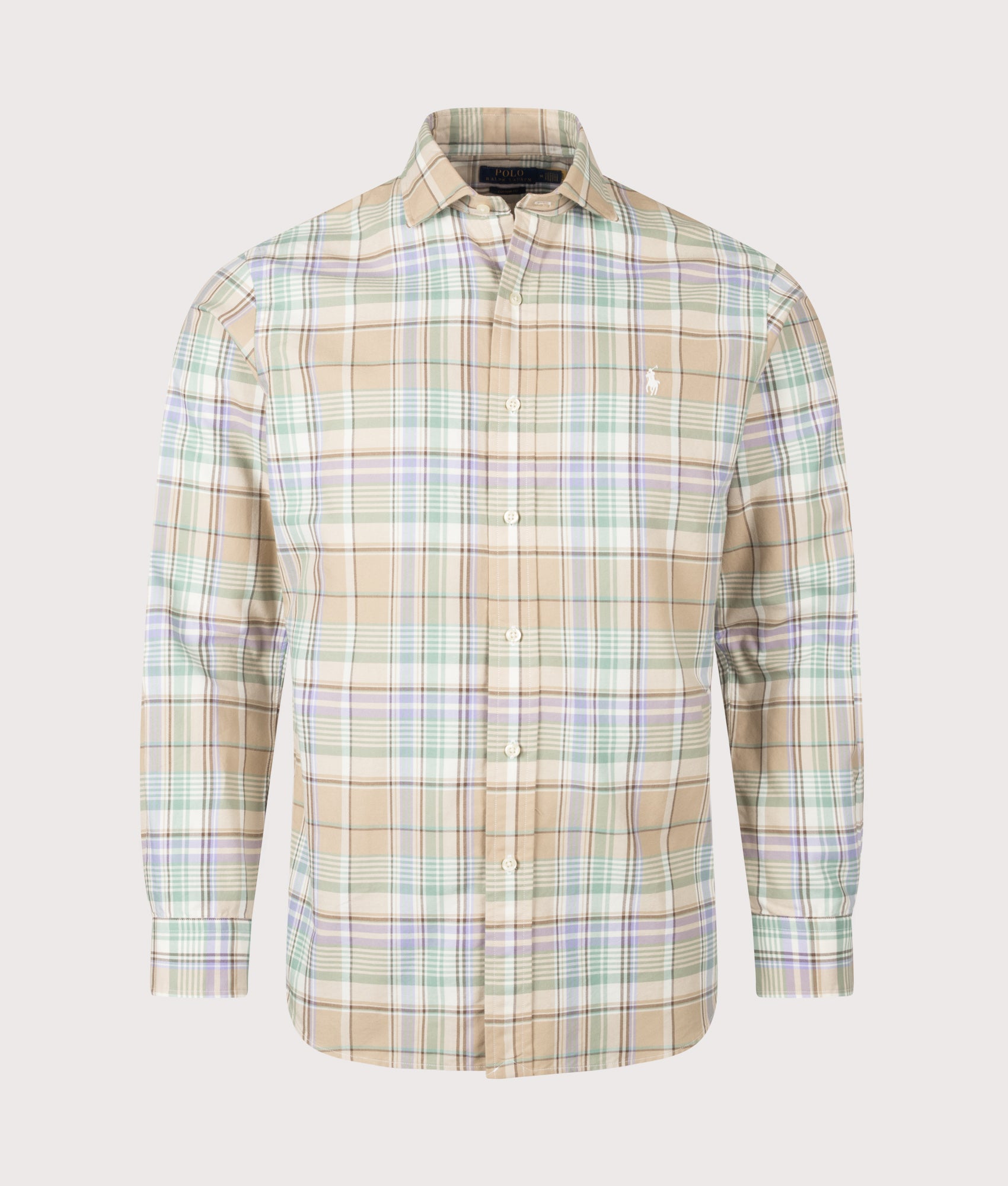 Polo Ralph Lauren Custom Fit Oxford Shirt in Khaki and Faded Mint Multi Plaid at EQVVS Menswear. Front shot.