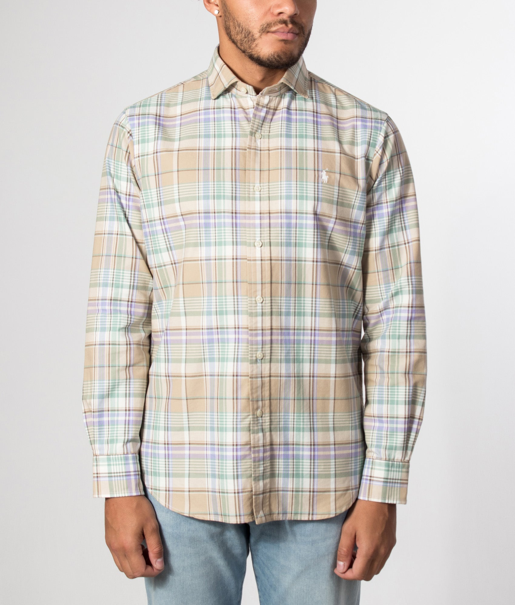 Polo Ralph Lauren Custom Fit Oxford Shirt in Khaki and Faded Mint Multi Plaid at EQVVS Menswear. Model front shot.