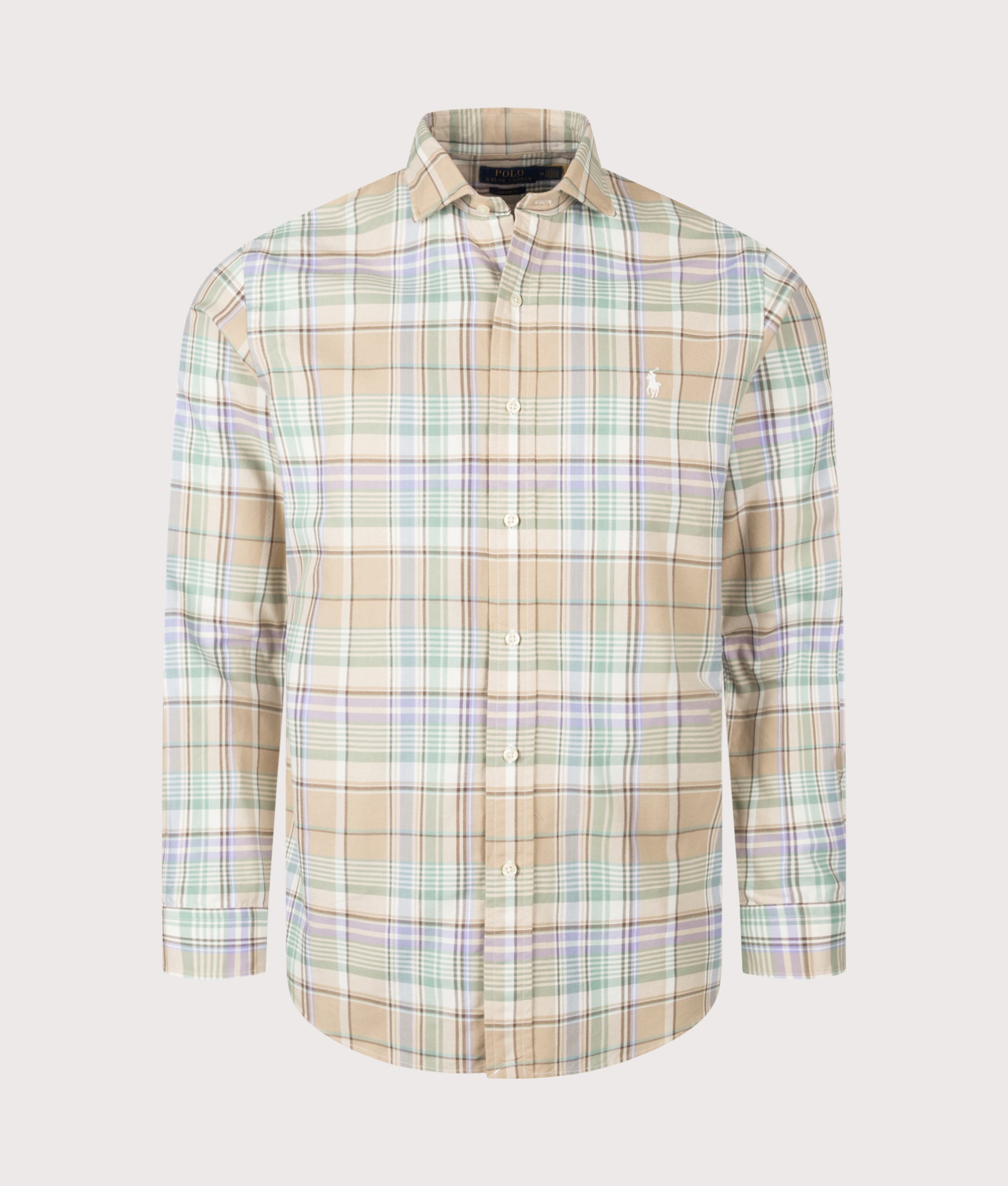 Polo Ralph Lauren Custom Fit Oxford Shirt in Khaki and Faded Mint Multi Plaid at EQVVS Menswear. Front shot.