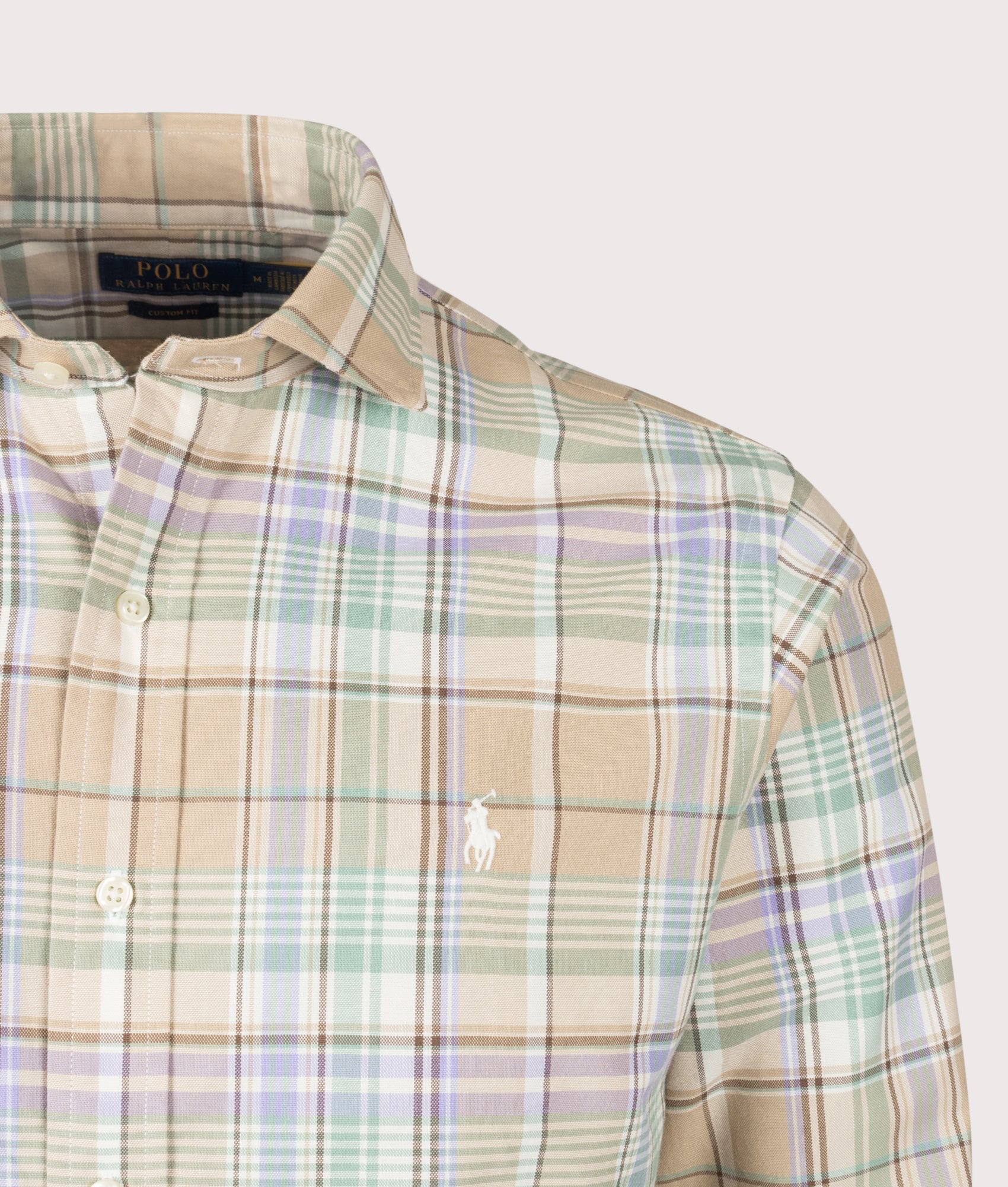 Polo Ralph Lauren Custom Fit Oxford Shirt in Khaki and Faded Mint Multi Plaid at EQVVS Menswear. Detail shot.