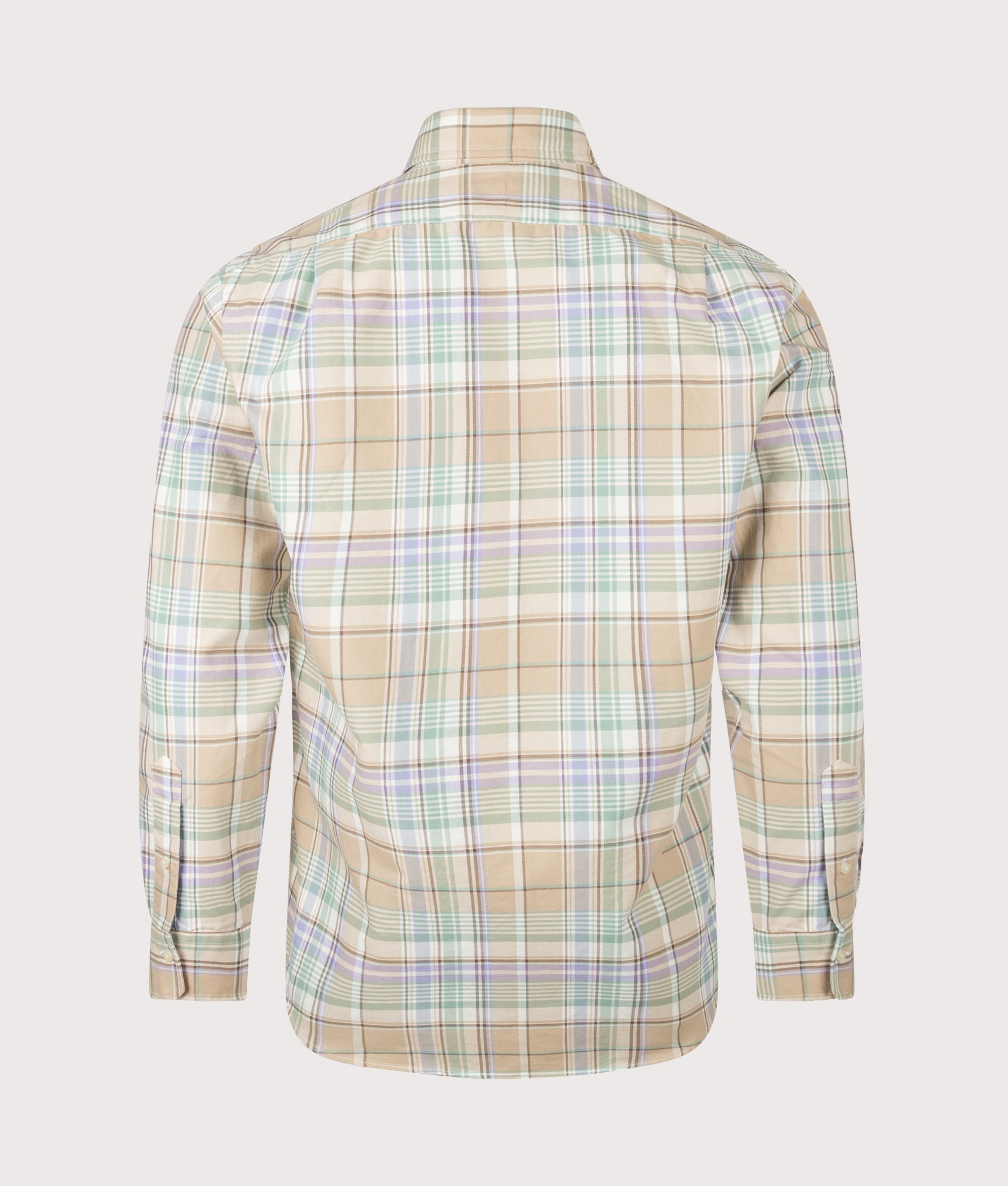 Polo Ralph Lauren Custom Fit Oxford Shirt in Khaki and Faded Mint Multi Plaid at EQVVS Menswear. Back shot.