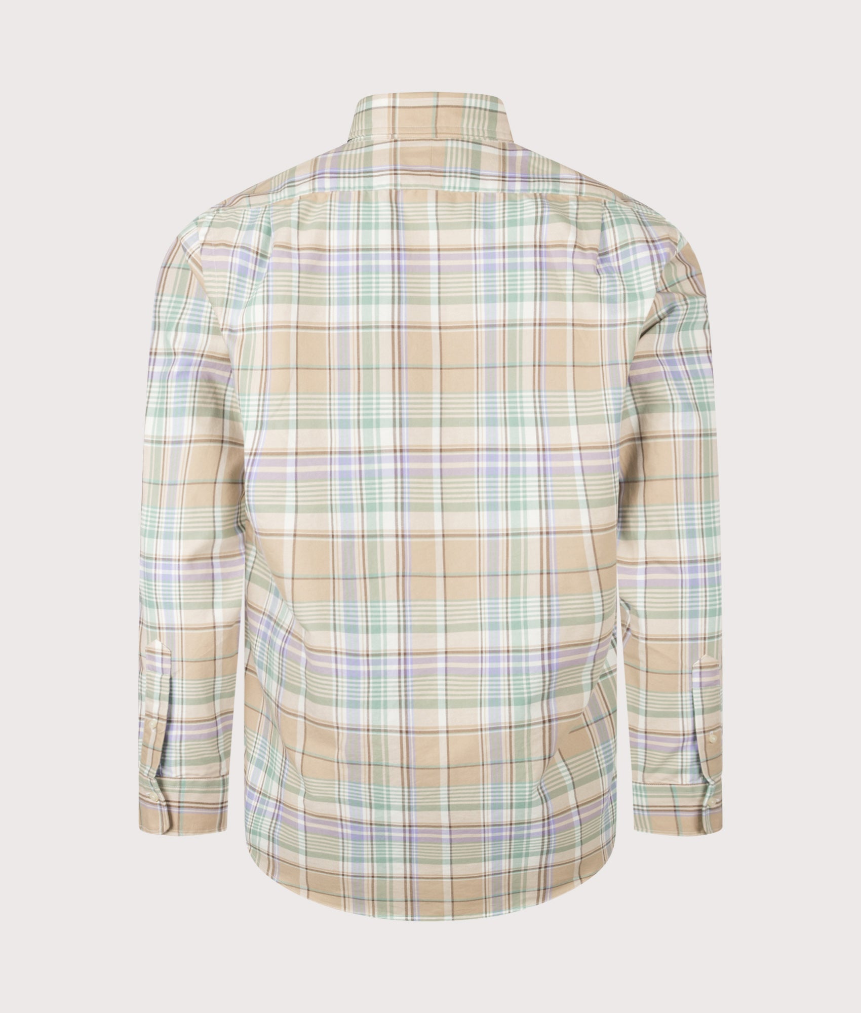 Polo Ralph Lauren Custom Fit Oxford Shirt in Khaki and Faded Mint Multi Plaid at EQVVS Menswear. Back shot.