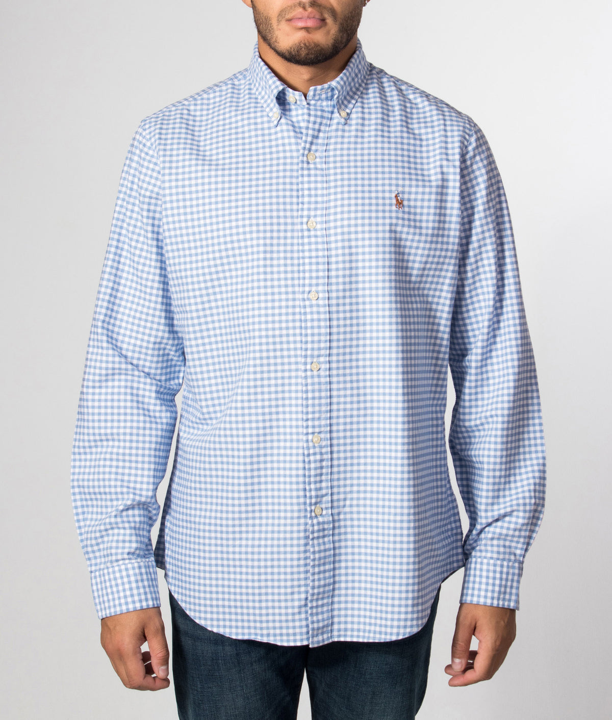 Polo Ralph Lauren Custom Fit Gingham Oxford Shirt in Bristol Blue and White at EQVVS Menswear. Model front shot.