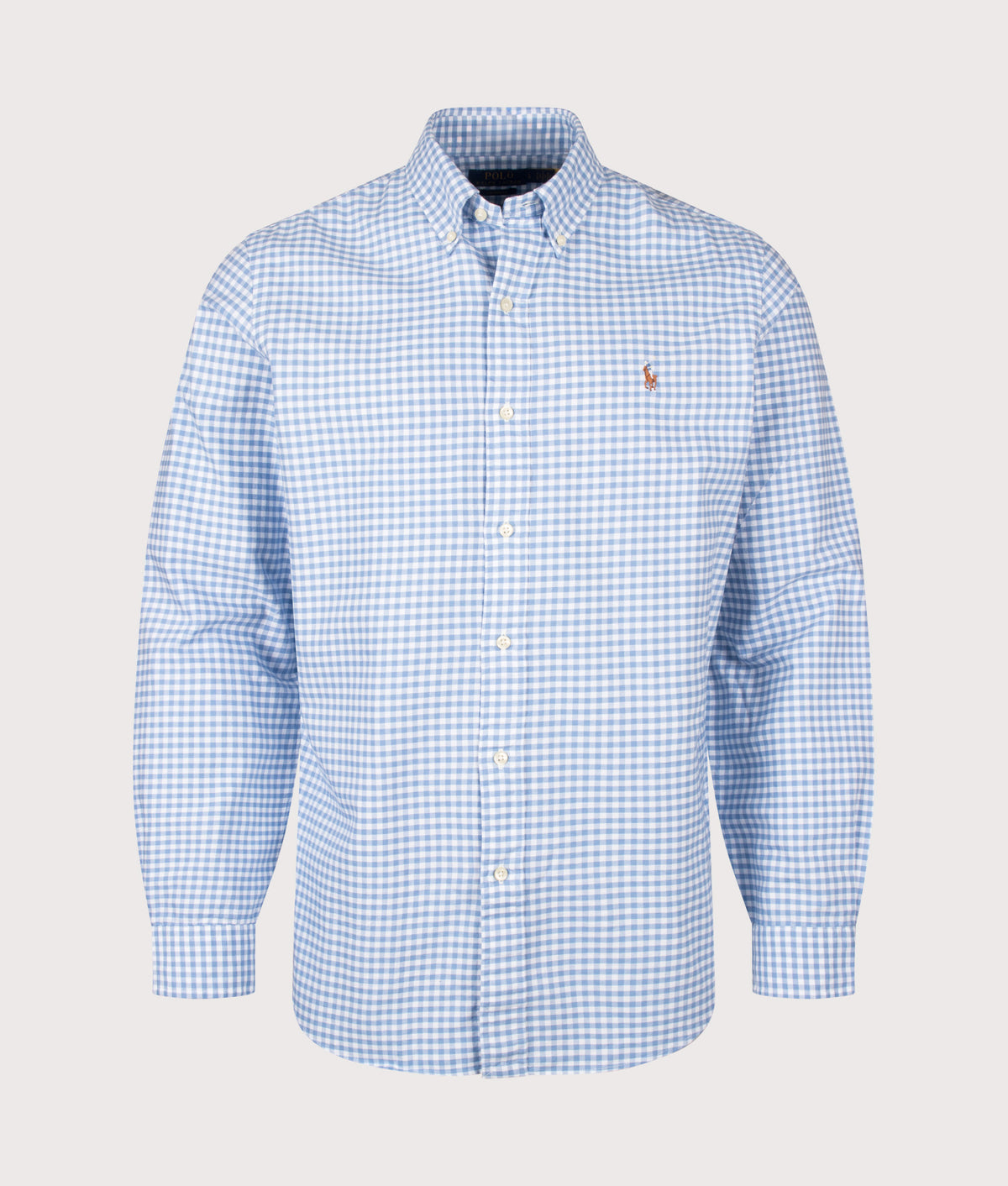 Polo Ralph Lauren Custom Fit Gingham Oxford Shirt in Bristol Blue and White at EQVVS Menswear. Front shot.