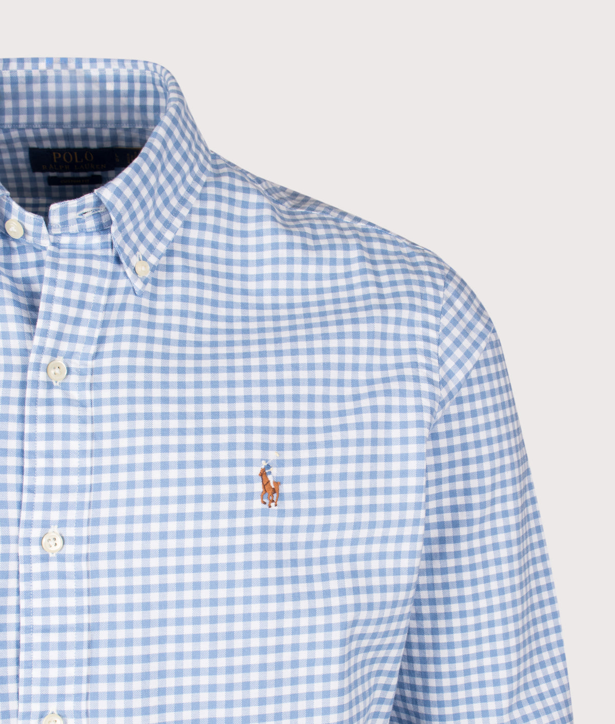 Polo Ralph Lauren Custom Fit Gingham Oxford Shirt in Bristol Blue and White at EQVVS Menswear. Detail shot.