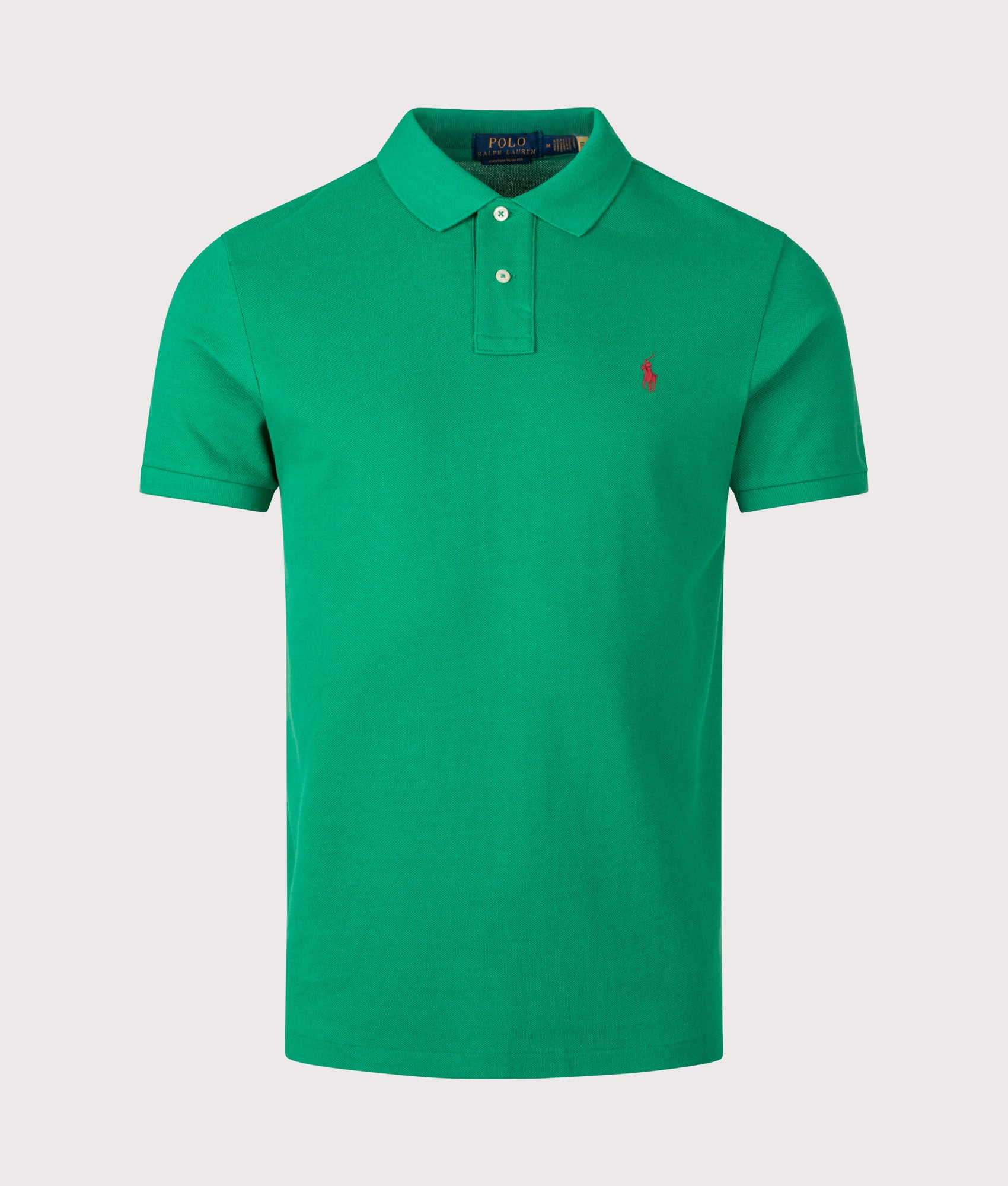 Polo Ralph Lauren Custom Slim Fit Mesh Polo Shirt in Erin Green at EQVVS Menswear. Front shot.