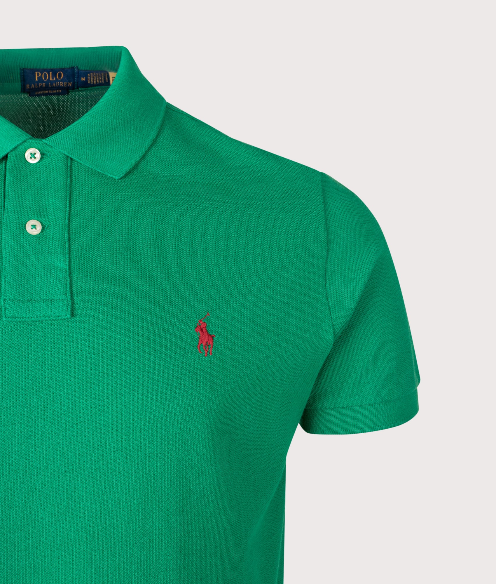 Polo Ralph Lauren Custom Slim Fit Mesh Polo Shirt in Erin Green at EQVVS Menswear. Detail shot.