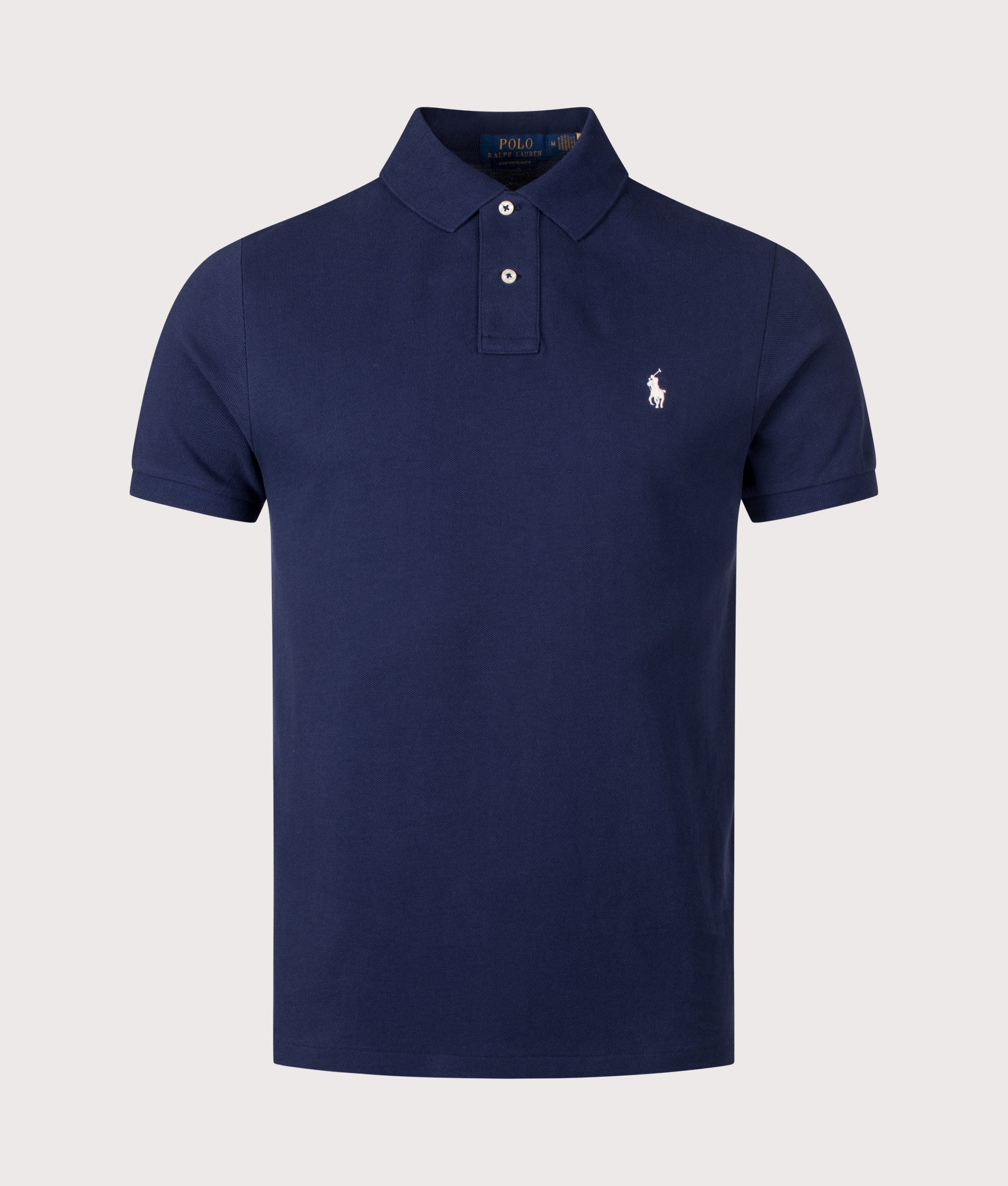 Polo Ralph Lauren Custom Slim Fit Mesh Polo Shirt in Newport Navy at EQVVS Menswear. Front shot.