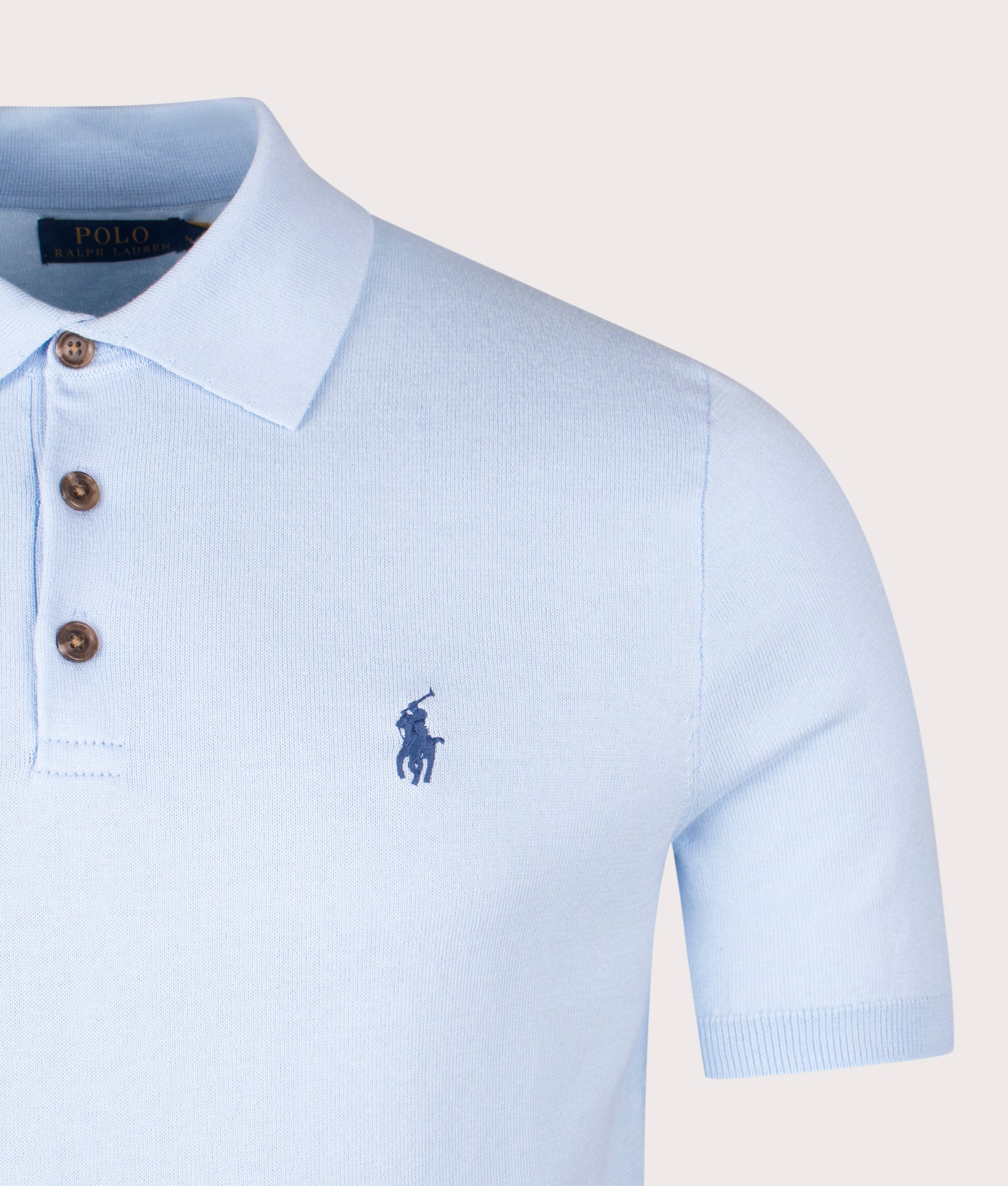 Cotton Knitted Polo Shirt in Office Blue | 100% Cotton | Polo Ralph Lauren | EQVVS | Front detail shot 