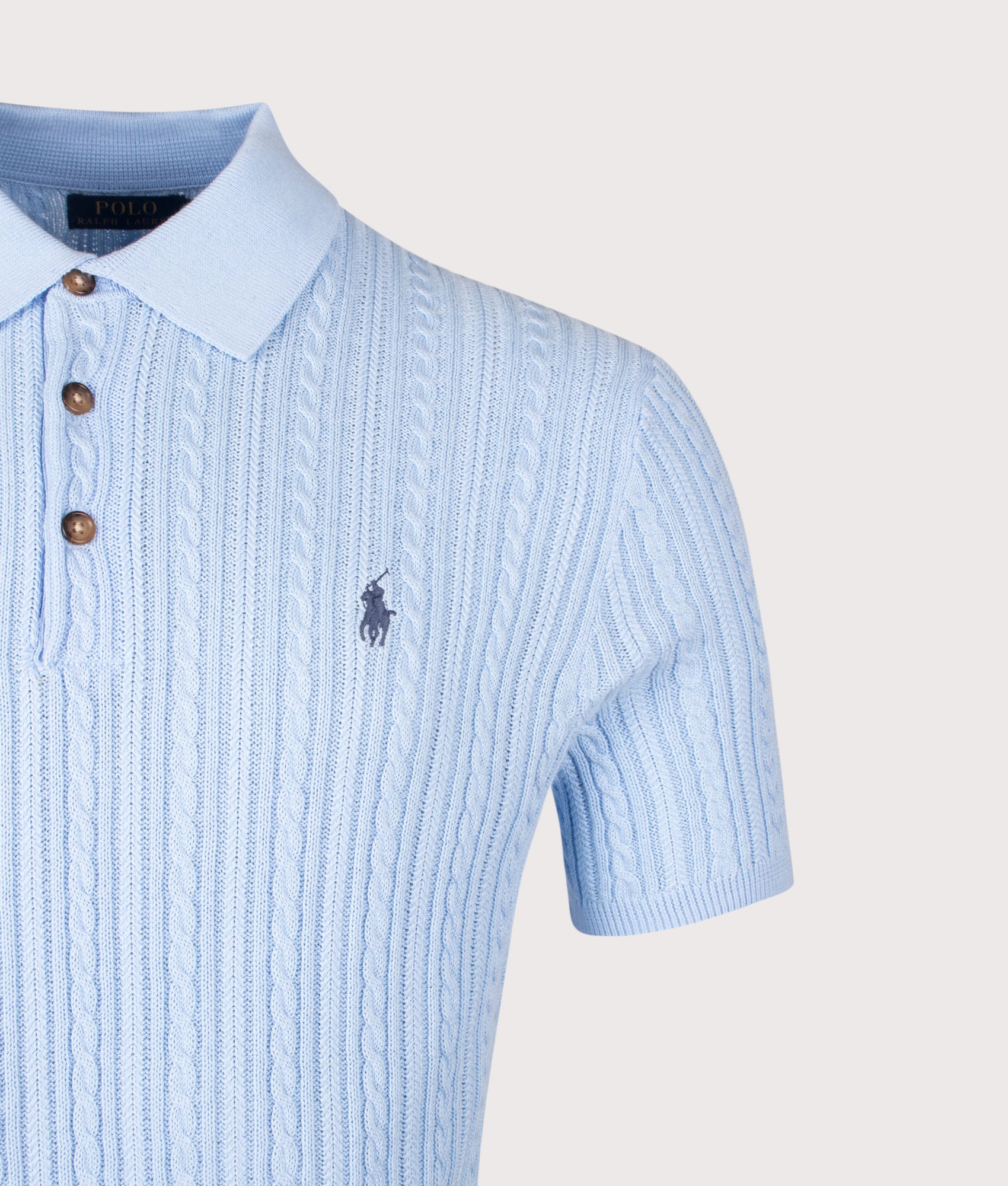Polo Ralph Lauren Cable Knit Polo Shirt in Office Blue at EQVVS Menswear. Detail shot.
