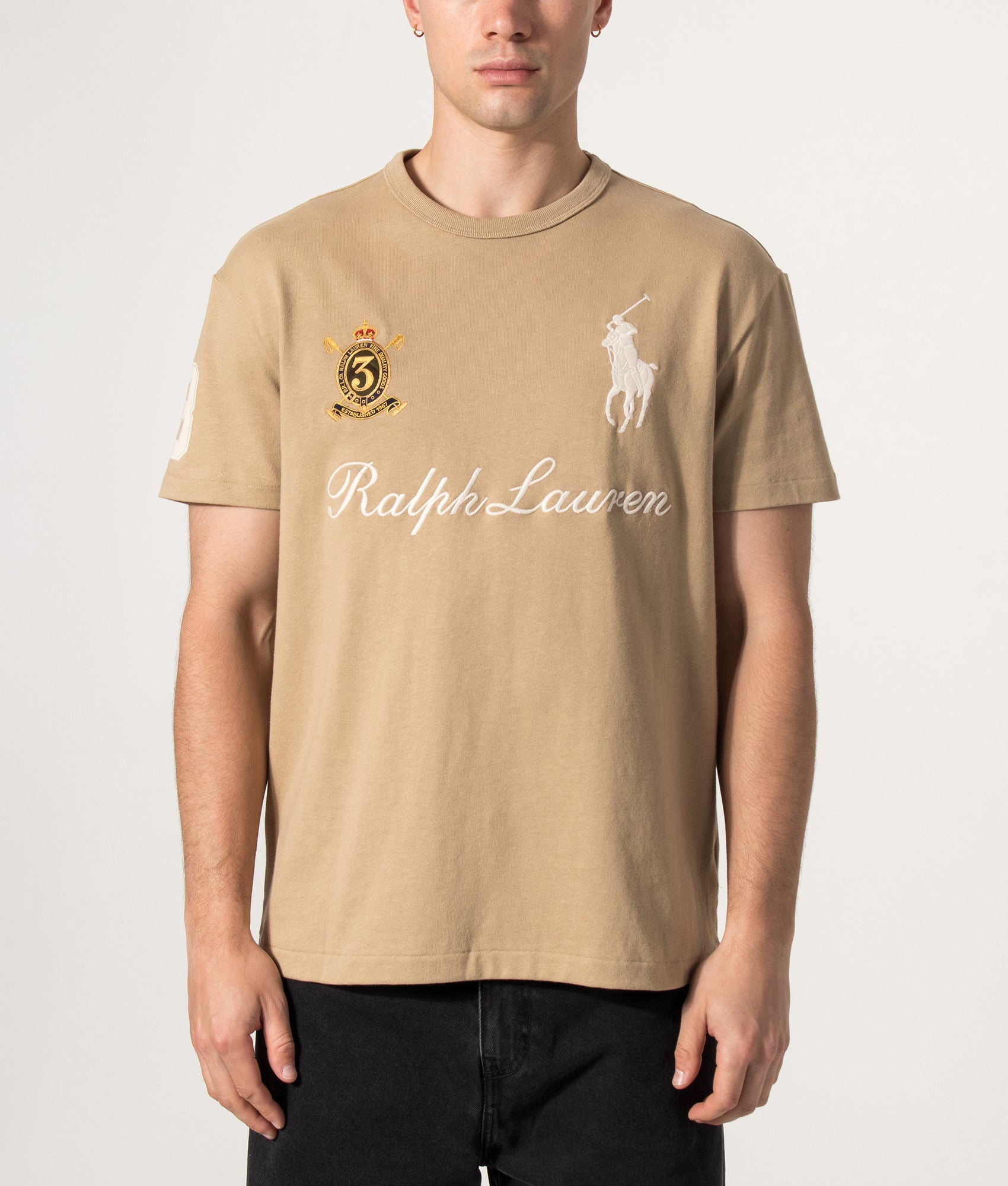 Polo Ralph Lauren Classic Fit Big Pony Jersey T-Shirt in Vintage Khaki at EQVVS Menswear. Model front shot.
