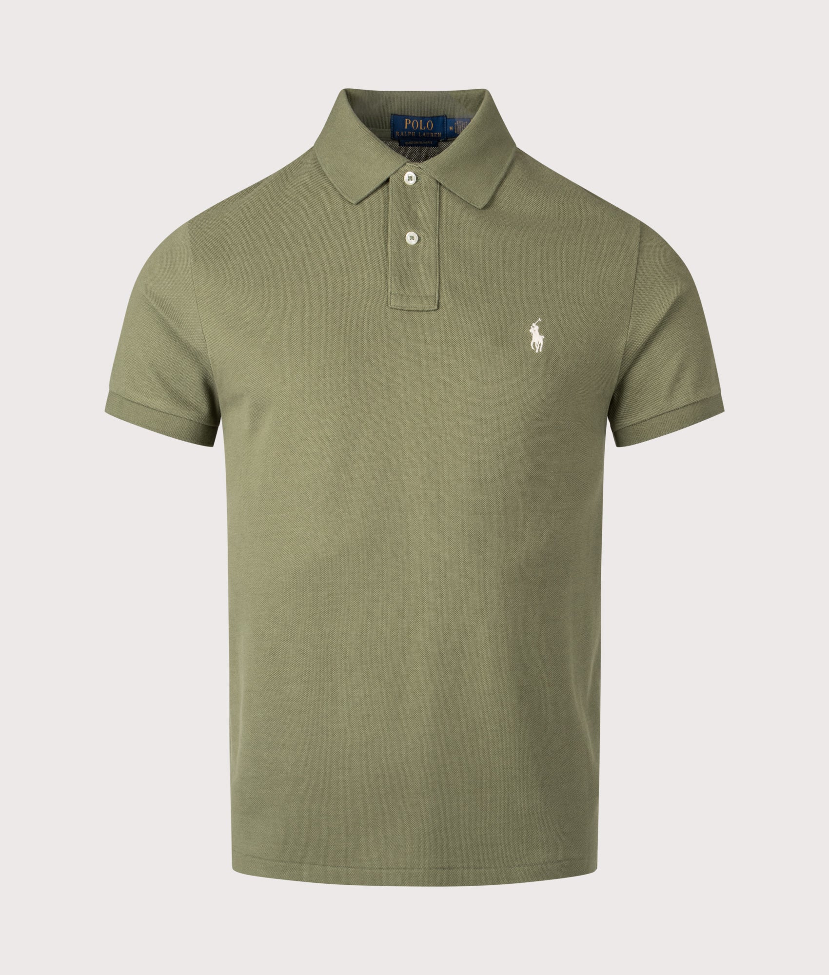 Polo Ralph Lauren Custom Slim Fit Mesh Polo Shirt in Garden Trail at EQVVS Menswear. Front shot.