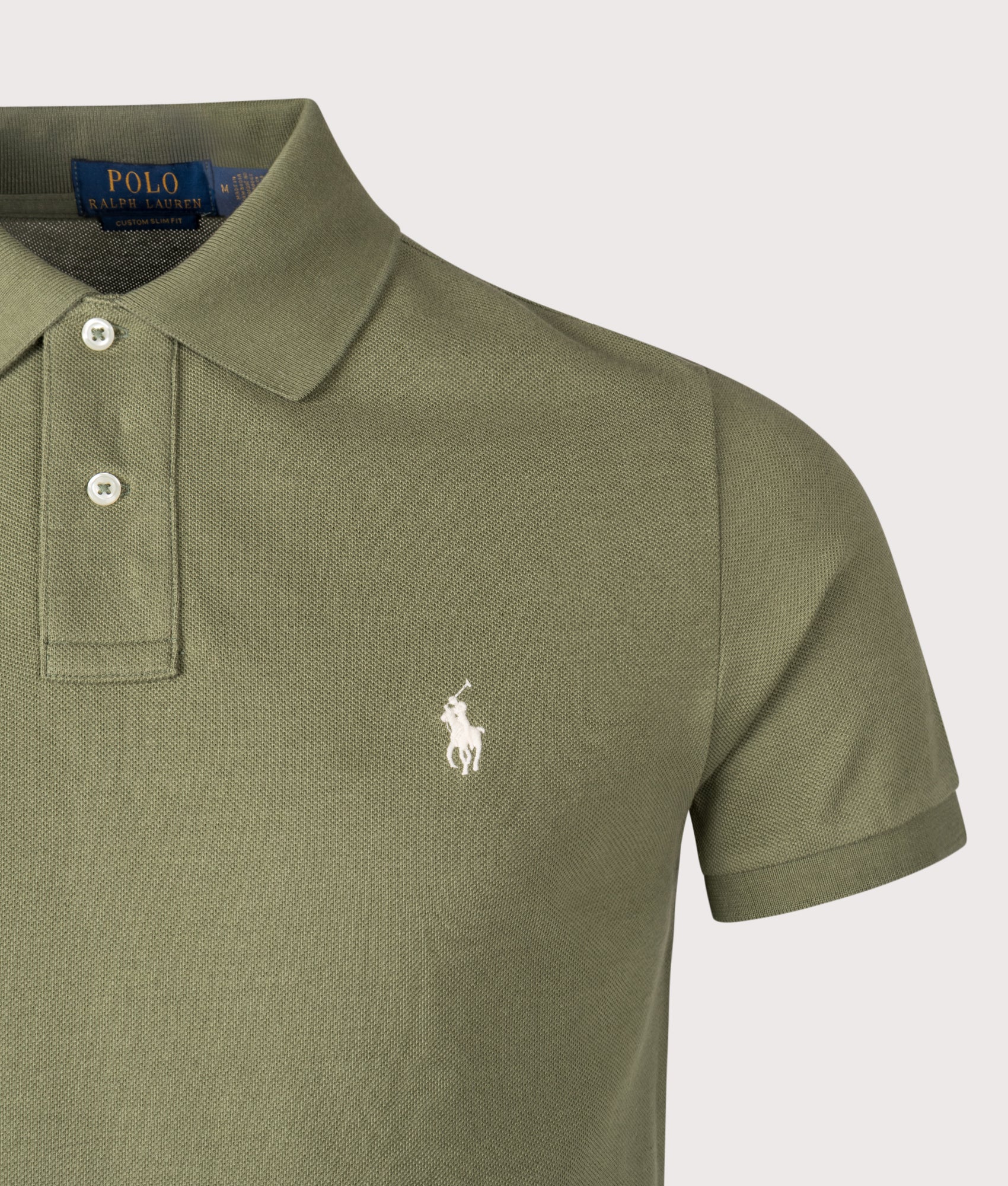 Polo Ralph Lauren Custom Slim Fit Mesh Polo Shirt in Garden Trail at EQVVS Menswear. Detail shot.