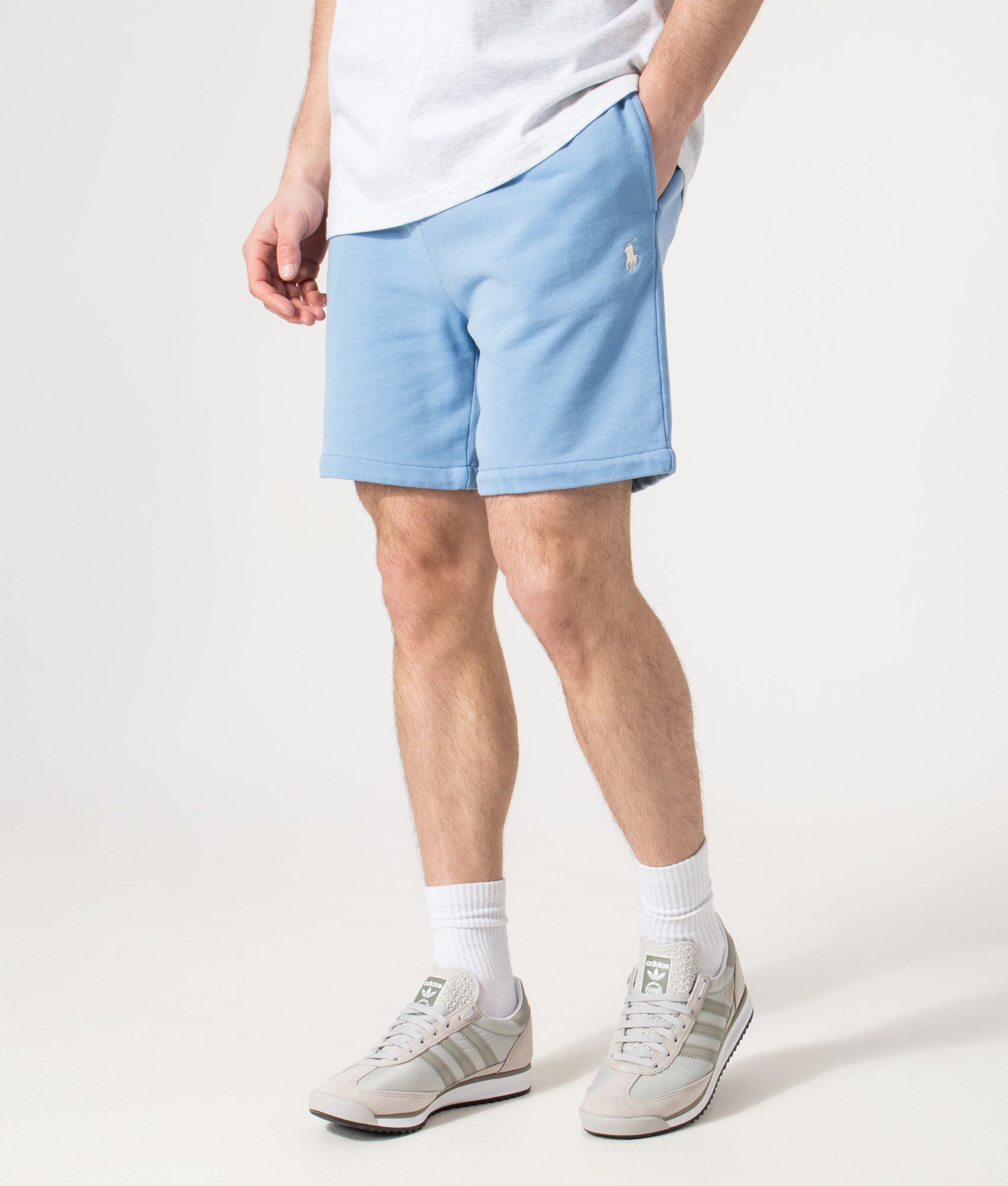 Polo Ralph Lauren Athletic Shorts in Bristol Blue at EQVVS Menswear. Angled model front shot. 