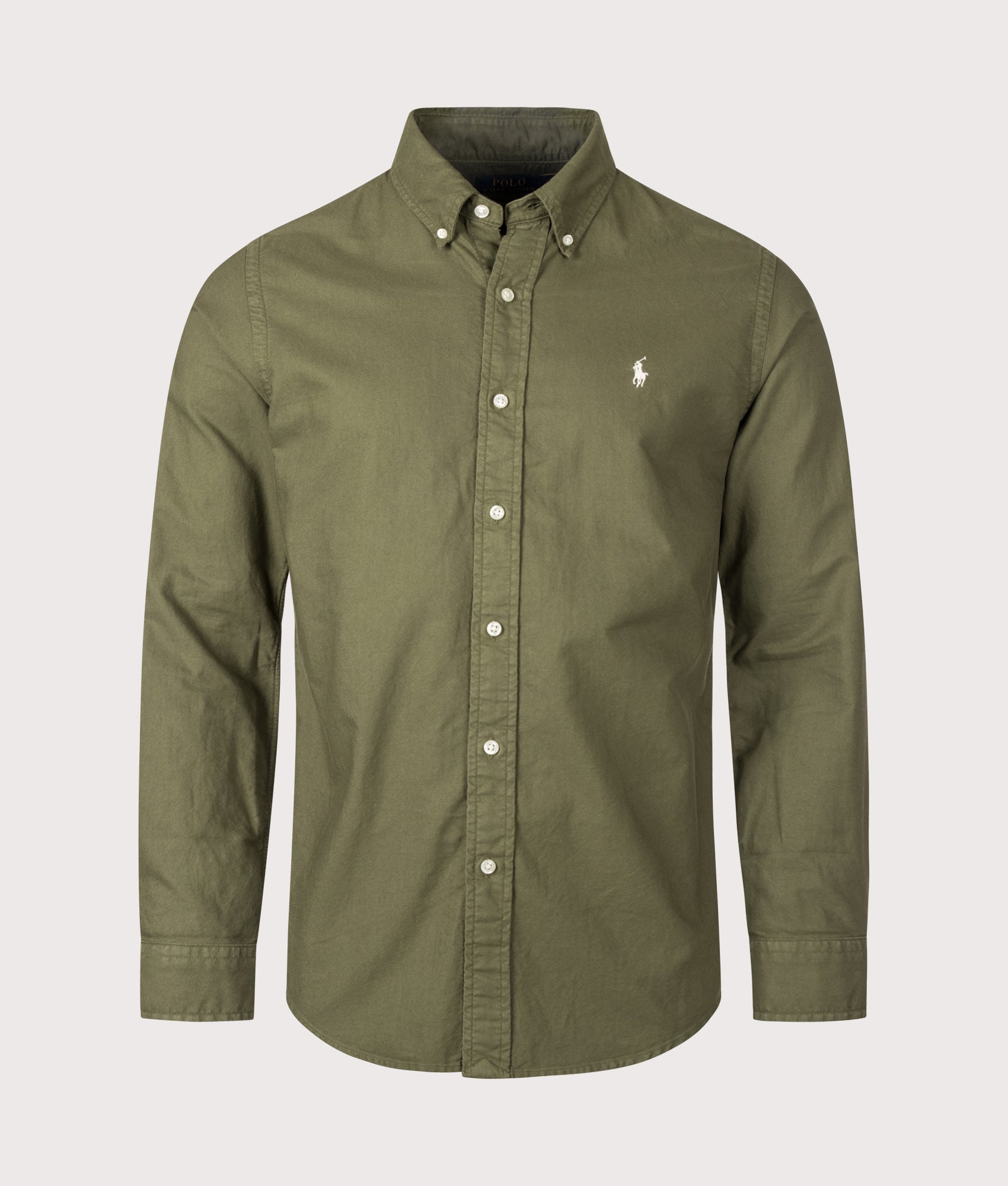 Polo Ralph Lauren Custom Fit Garment-Dyed Oxford Shirt in New Olive and Cream Polo Player at EQVVS Menswear. Front shot.