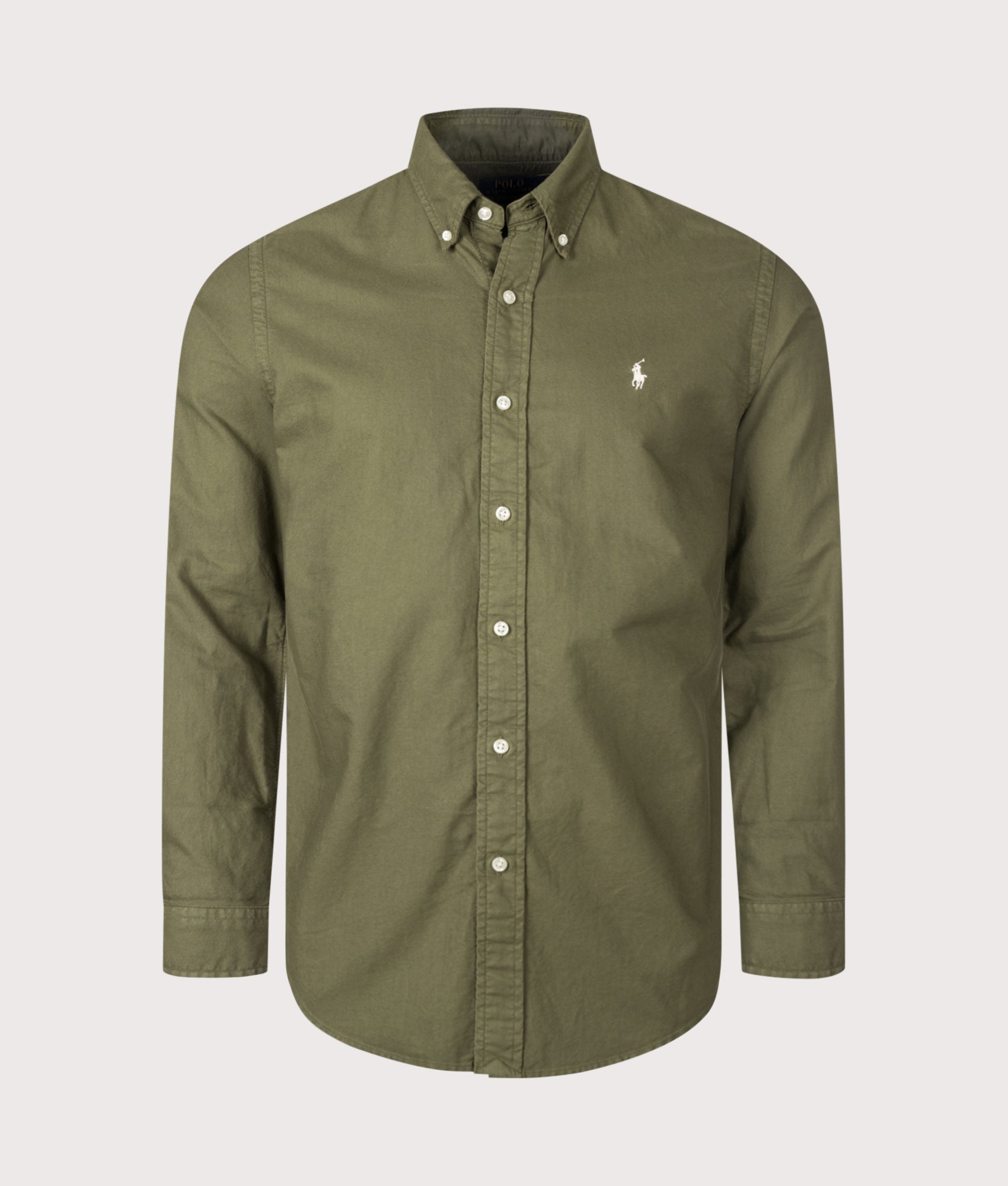 Polo Ralph Lauren Custom Fit Garment-Dyed Oxford Shirt in New Olive and Cream Polo Player at EQVVS Menswear.   Front shot.