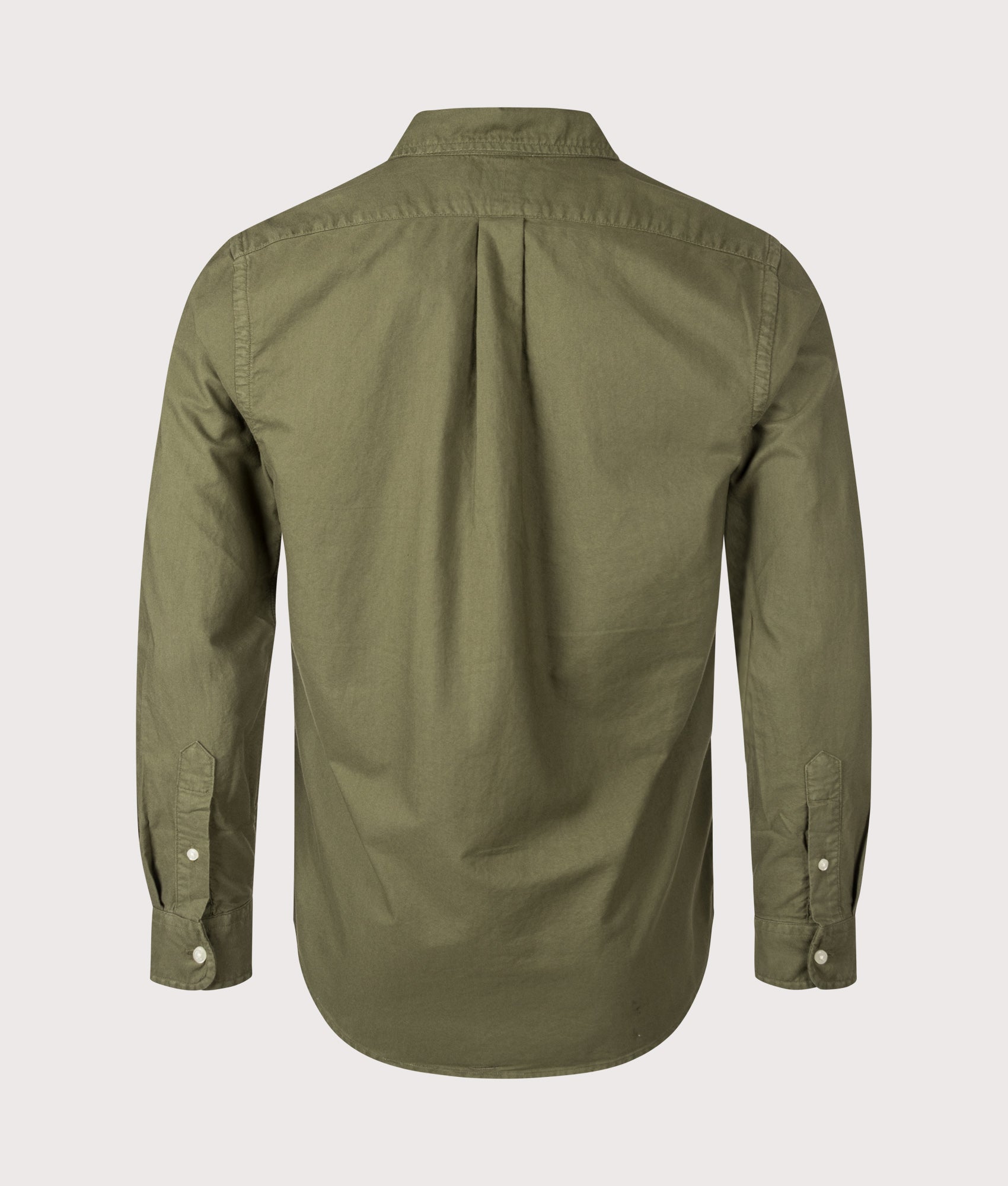 Polo Ralph Lauren Custom Fit Garment-Dyed Oxford Shirt in New Olive and Cream Polo Player at EQVVS Menswear.   Back shot. 