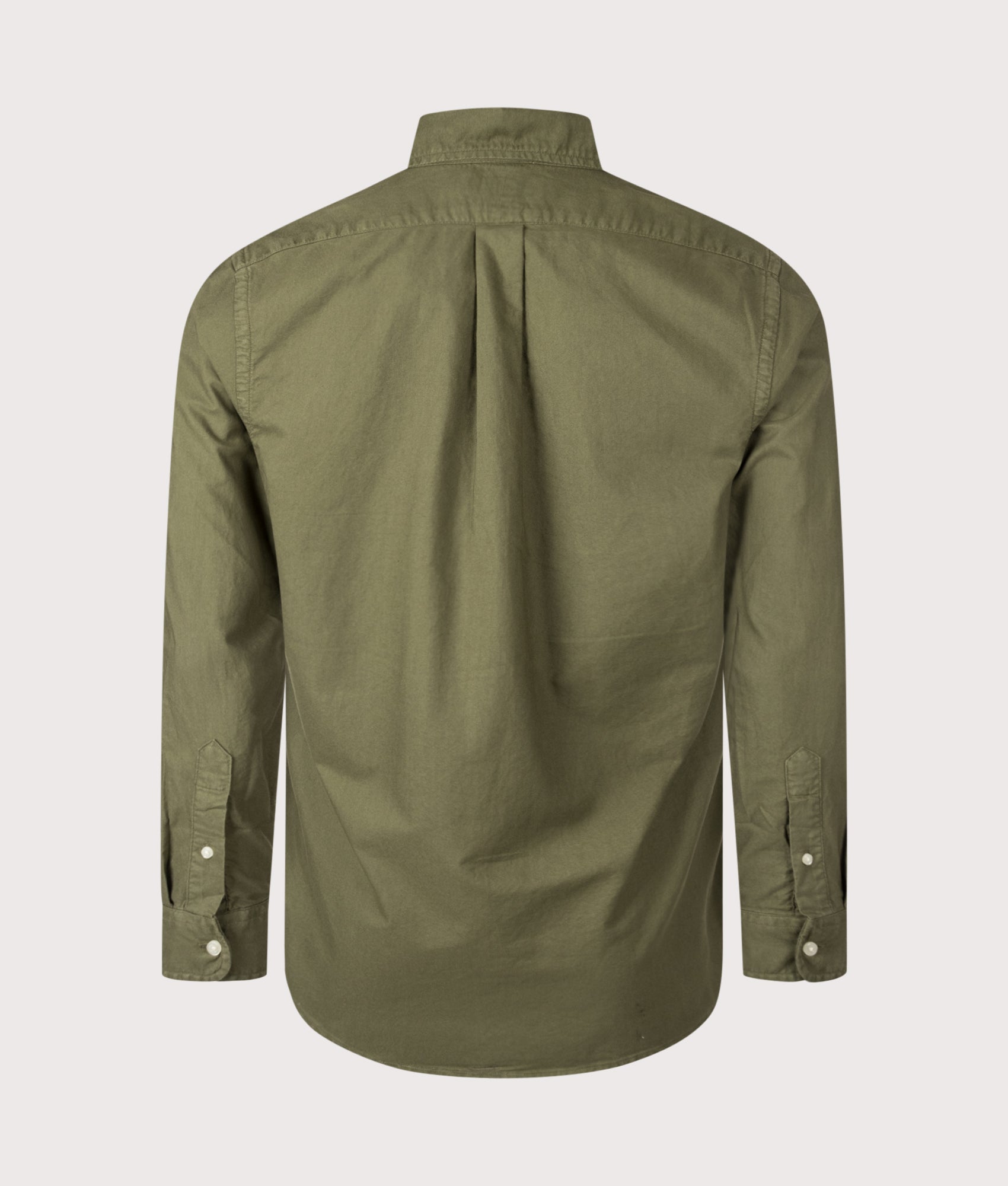 Polo Ralph Lauren Custom Fit Garment-Dyed Oxford Shirt in New Olive and Cream Polo Player at EQVVS Menswear.   Back shot.