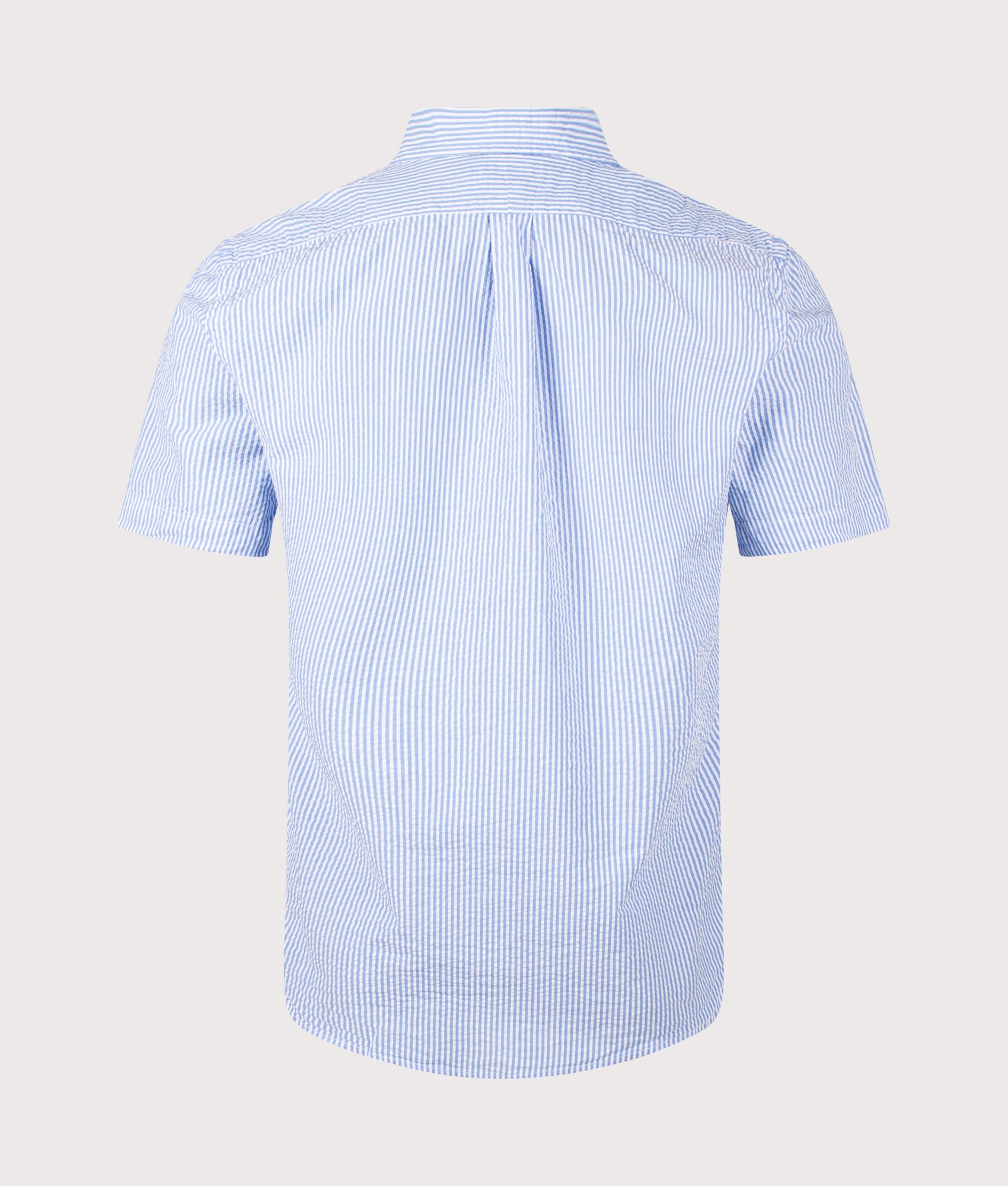 Polo Ralph Lauren Custom Fit RL Prepster Short Sleeve Shirt in Blue and White at EQVVS Menswear. Back shot.