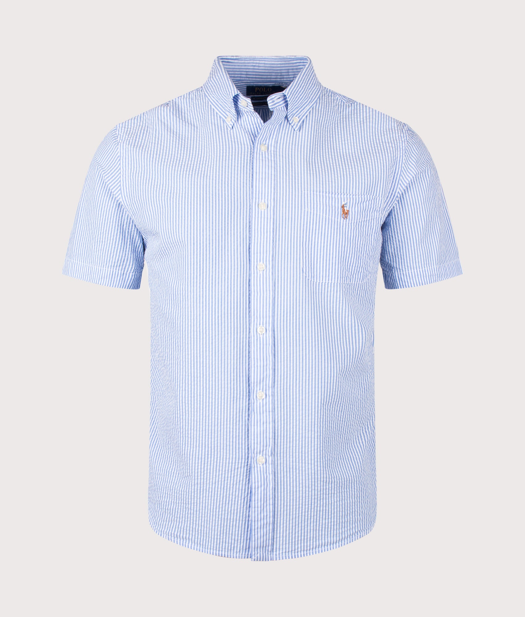 Polo Ralph Lauren Custom Fit RL Prepster Short Sleeve Shirt in Blue and White at EQVVS Menswear. Front shot.