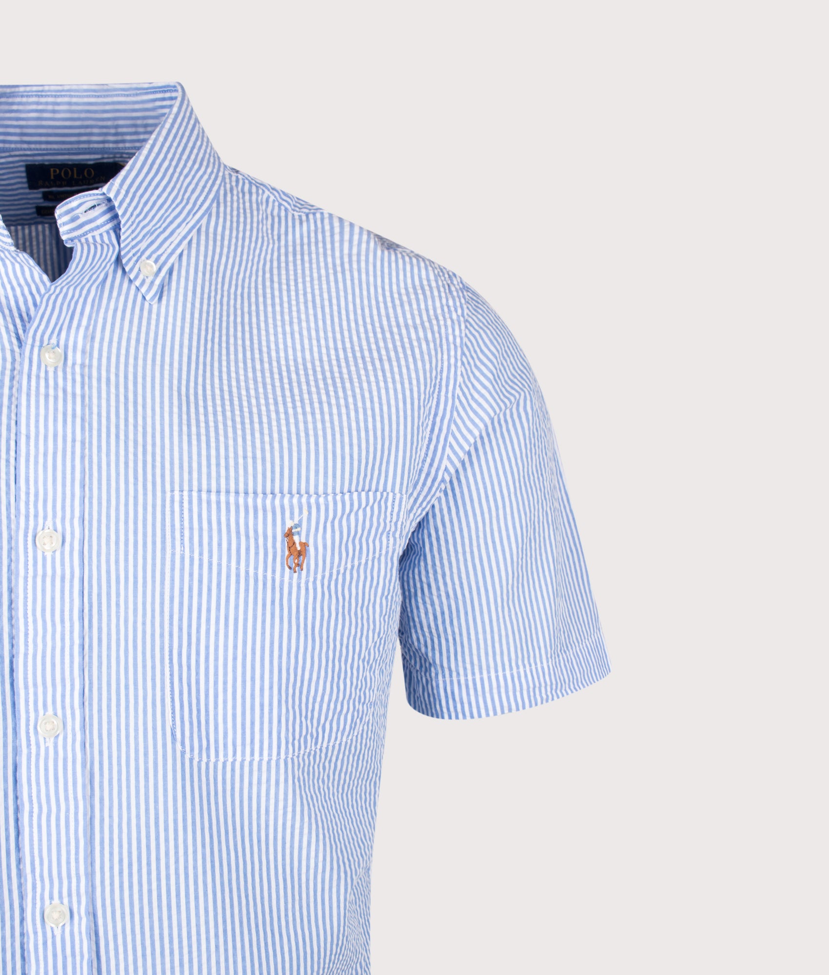 Polo Ralph Lauren Custom Fit RL Prepster Short Sleeve Shirt in Blue and White at EQVVS Menswear. Detail shot.