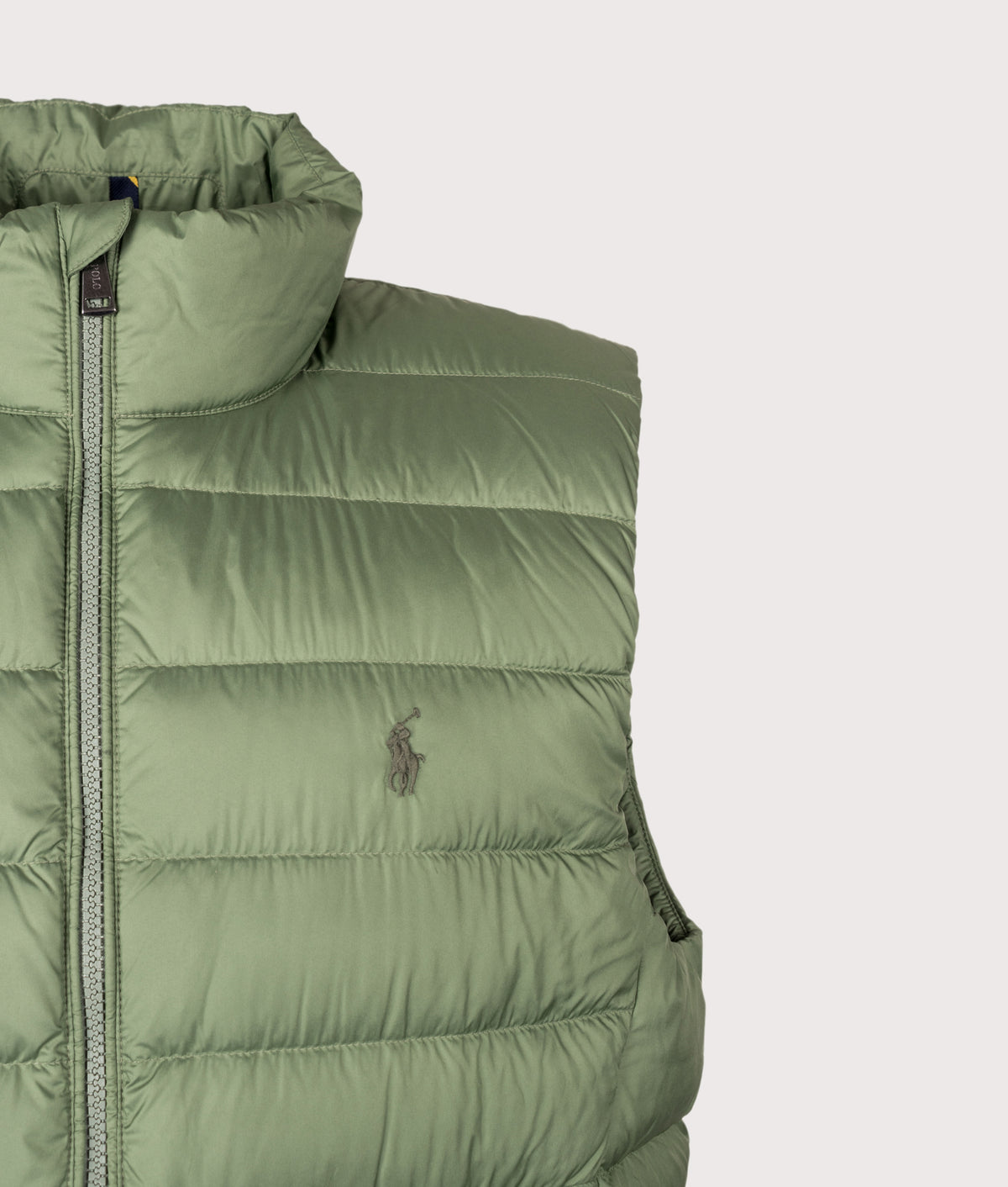 Polo Ralph Lauren The Colden Packable Down Vest in Fatigue at EQVVS Menswear. Detail shot.