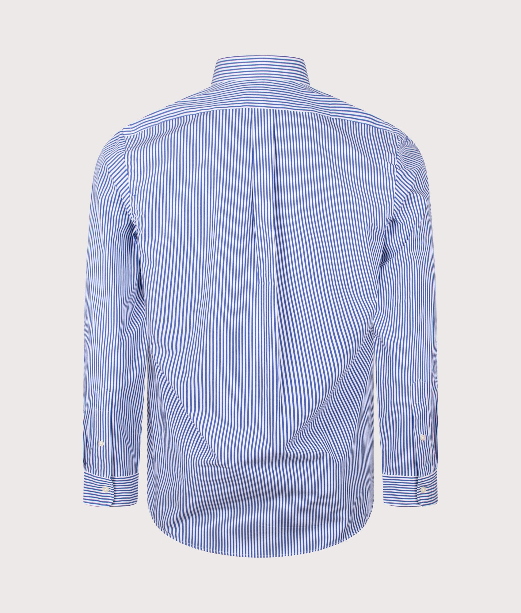 Polo Ralph Lauren Custom Fit Striped Stretch Poplin Shirt in Blue/White Bengal Stripe at EQVVS Menswear. Back shot.