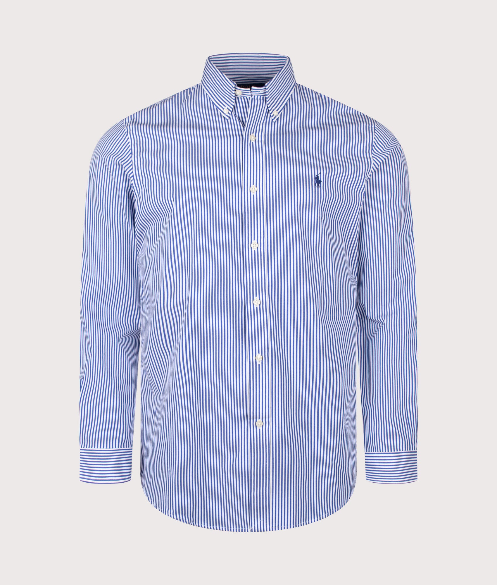 Polo Ralph Lauren Custom Fit Striped Stretch Poplin Shirt in Blue/White Bengal Stripe at EQVVS Menswear. Front shot.