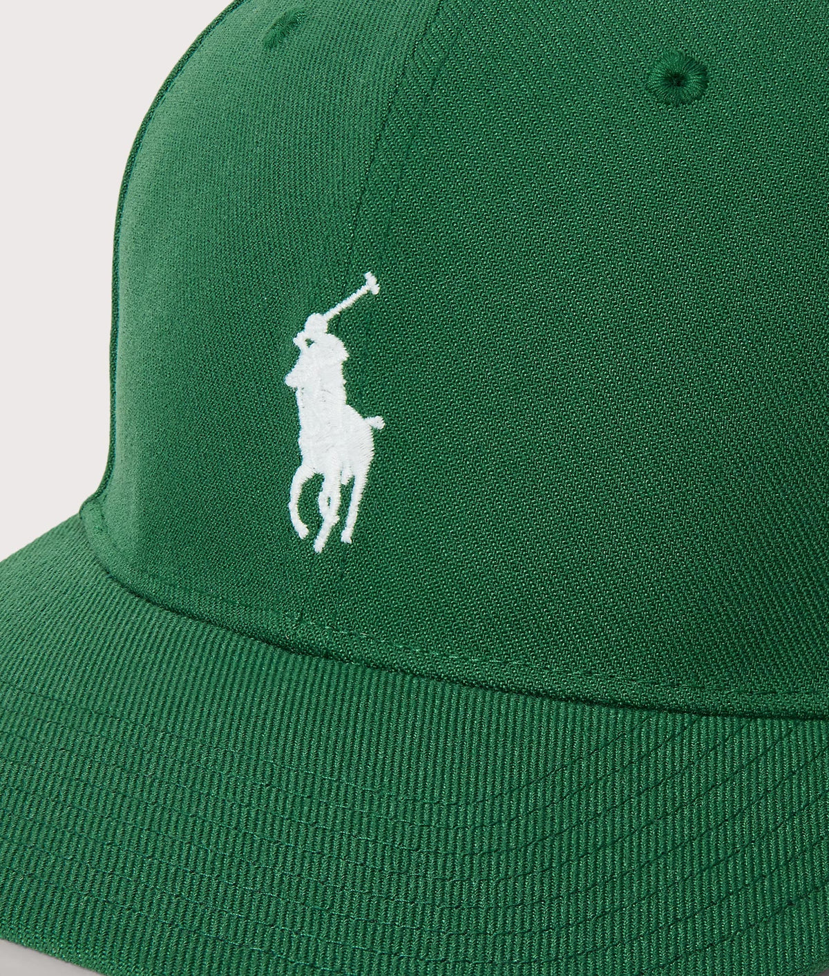 Polo Ralph Lauren High Crown Twill Baseball Cap in New Forest at EQVVS Menswear. Detail shot.