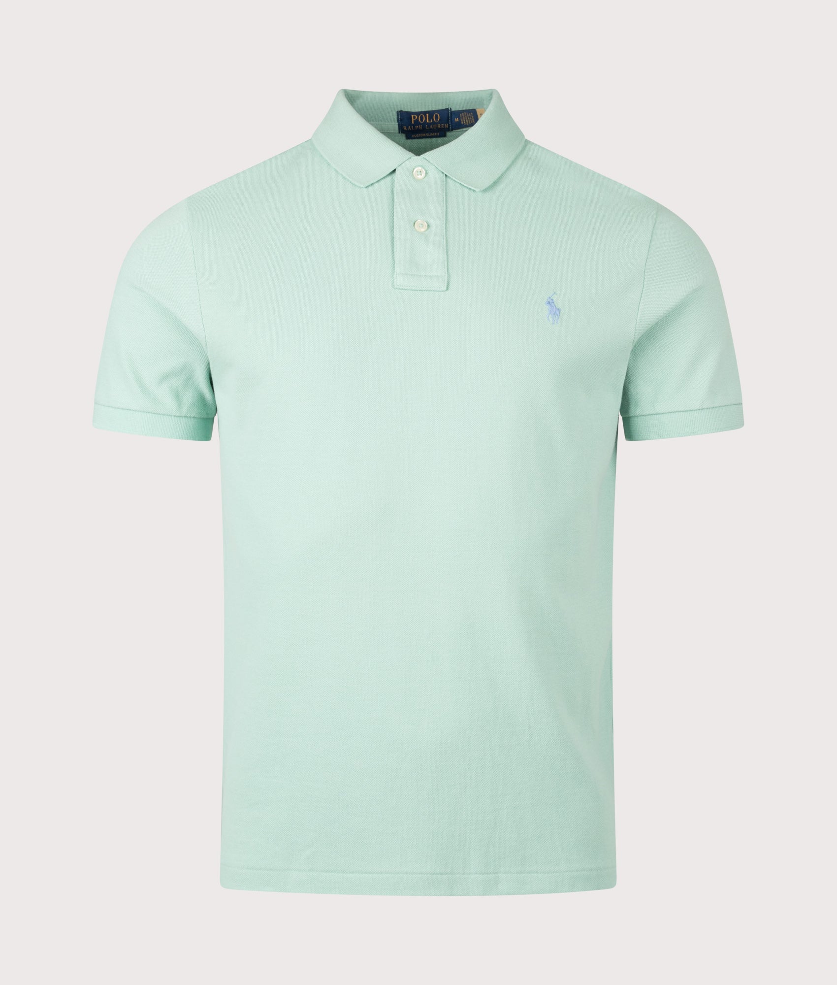 Polo Ralph Lauren Custom Slim Fit Mesh Polo Shirt in Celadon at EQVVS Menswear. Front shot.