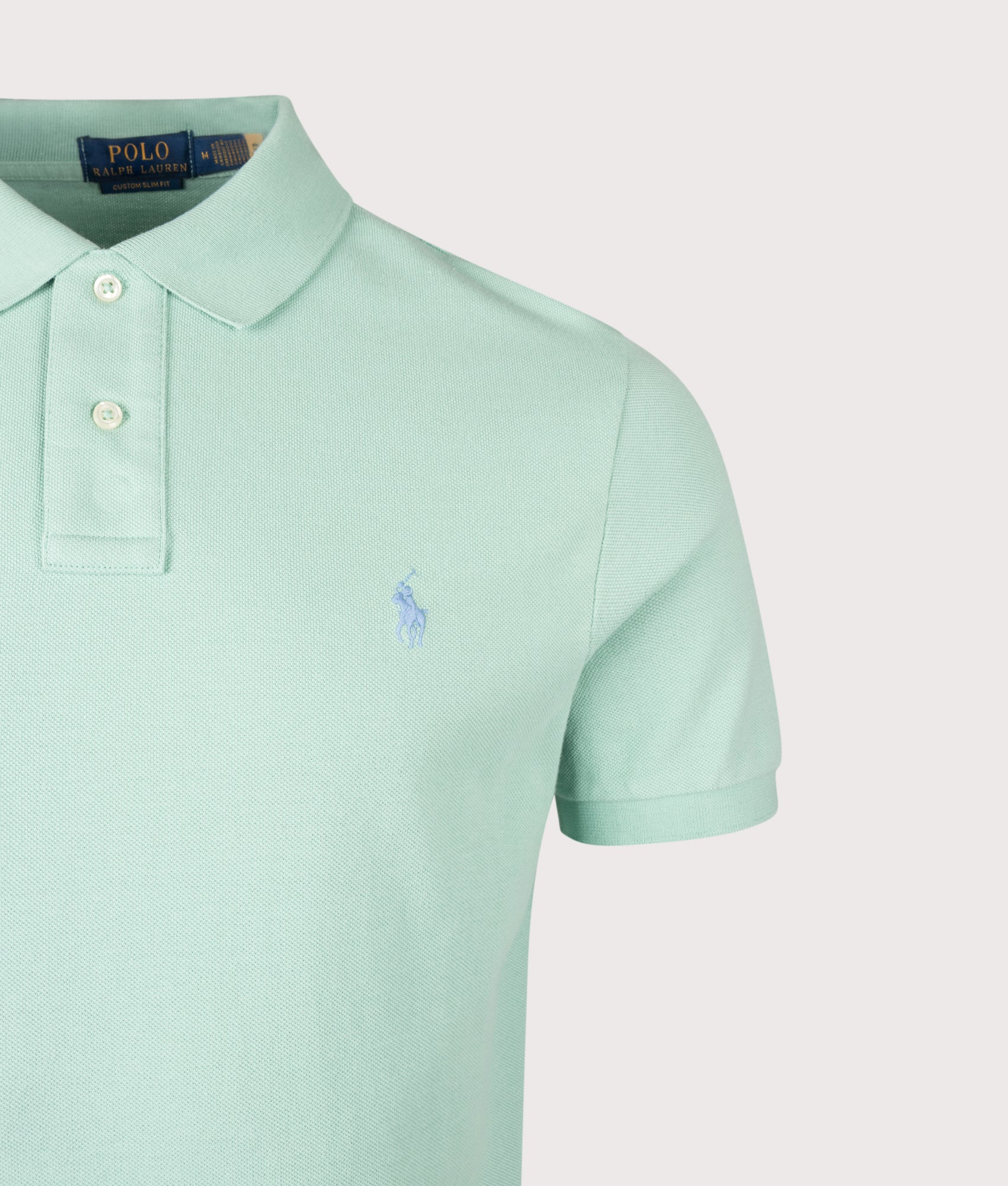 Polo Ralph Lauren Custom Slim Fit Mesh Polo Shirt in Celadon at EQVVS Menswear. Detail shot.