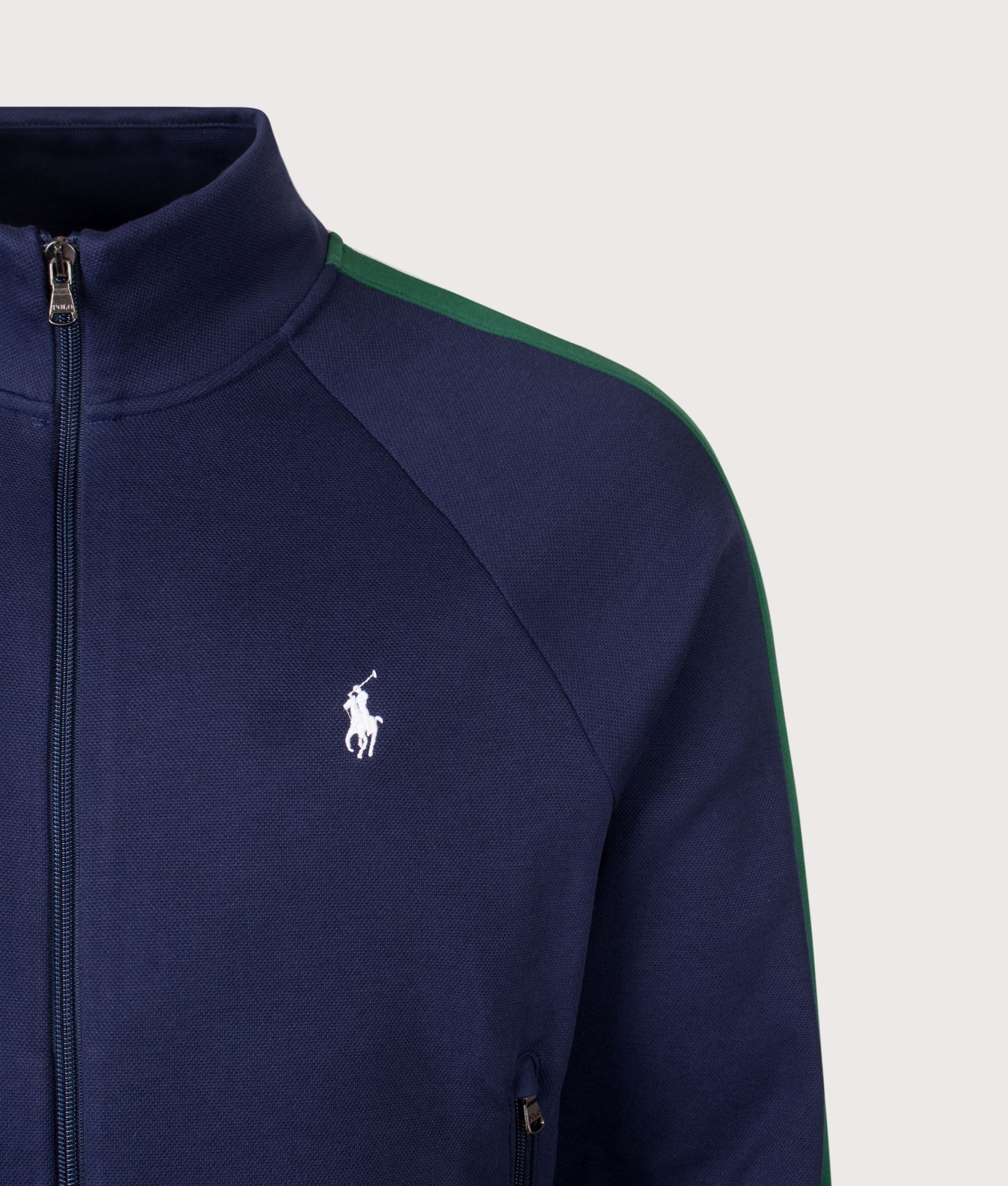 Polo Ralph Lauren Regular Fit Track Top in Newport Navy at EQVVS Menswear. Detail shot.