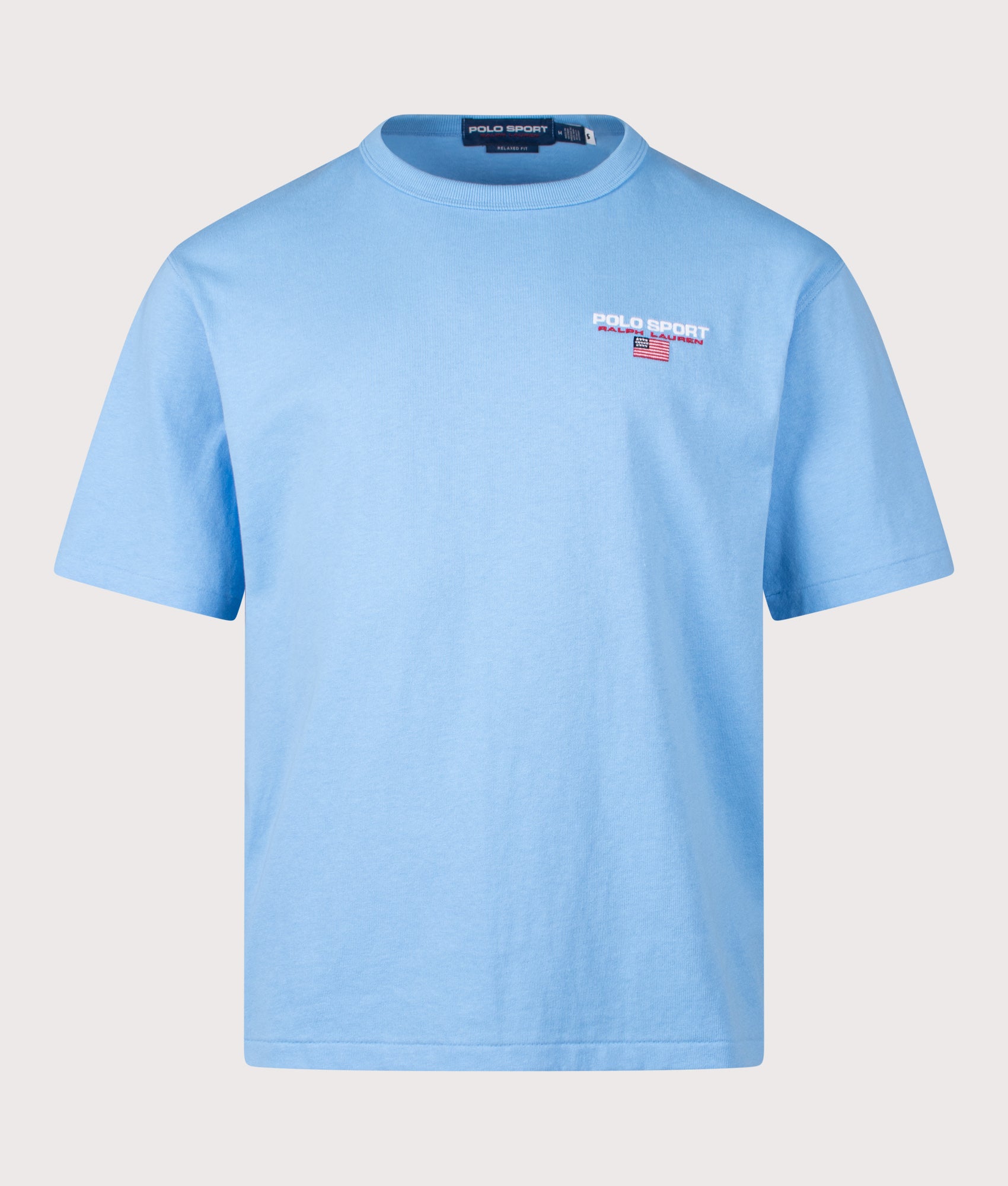 Polo Ralph Lauren Relaxed Fit Polo Sport Flag Logo T-Shirt in Chatham Blue at EQVVS Menswear. Front shot.