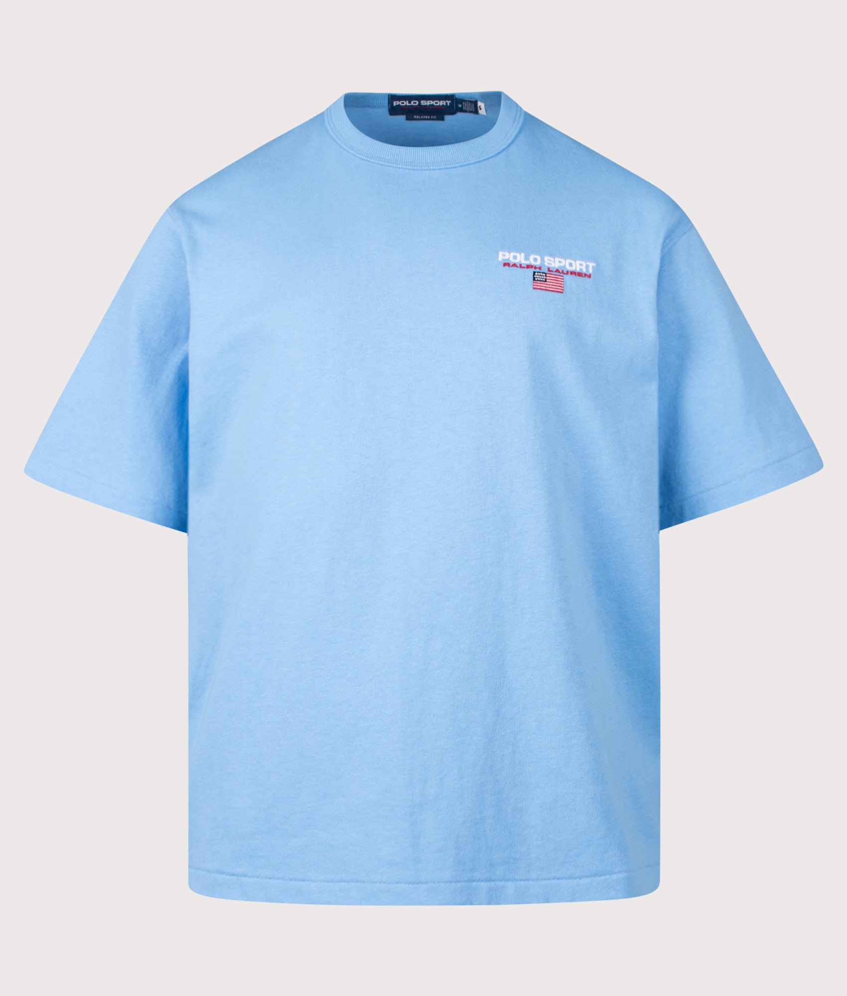 Polo Ralph Lauren Relaxed Fit Polo Sport Flag Logo T-Shirt in Chatham Blue at EQVVS Menswear. Front shot.