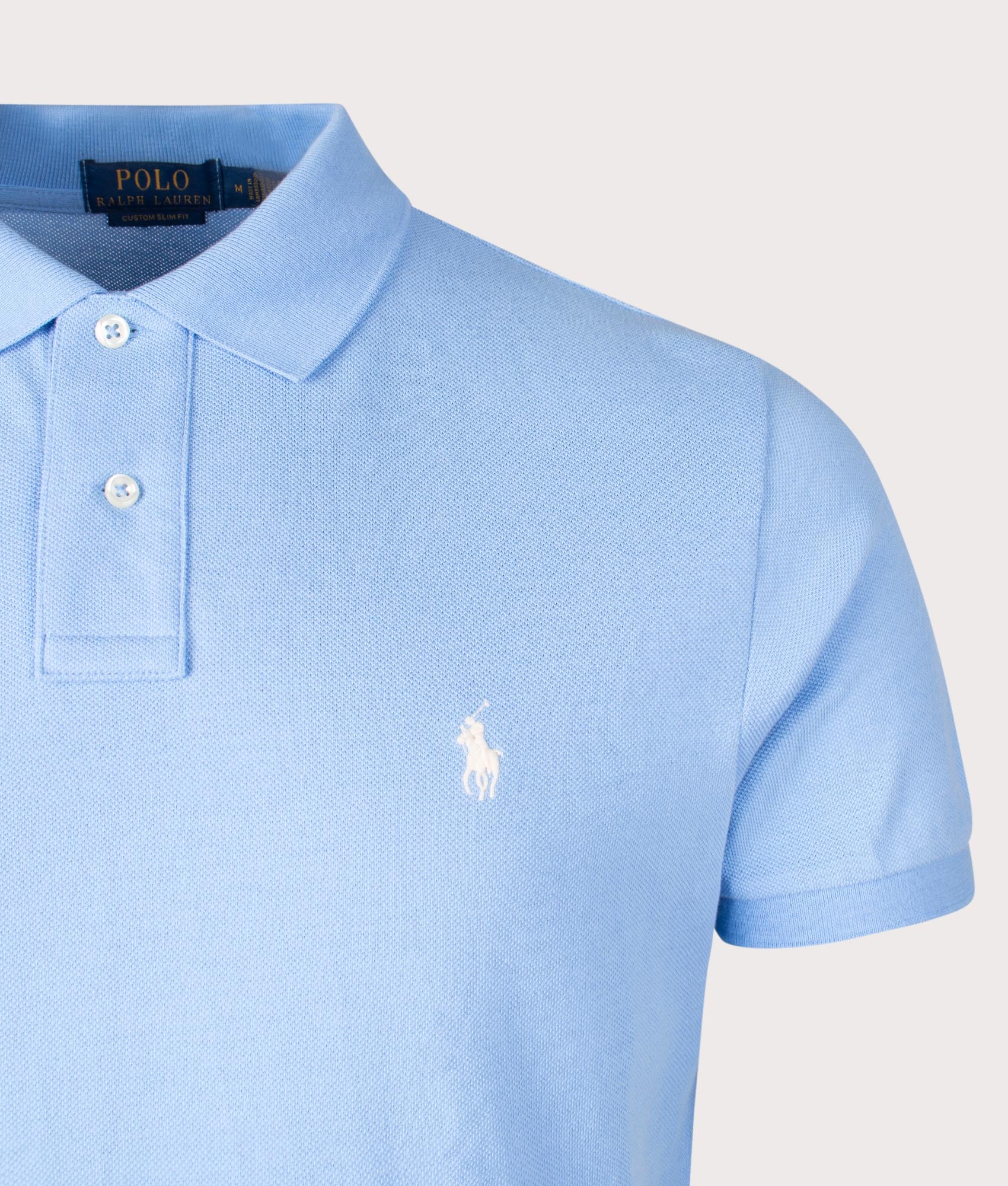 Custom Slim Fit Mesh Polo Shirt in Blue Lagoon | Polo Ralph Lauren | EQVVS | Front detail shot 