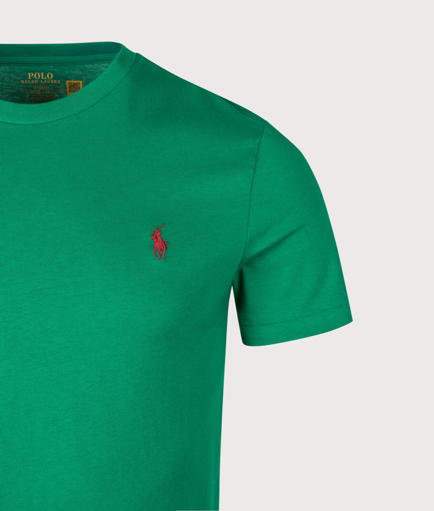 Polo Ralph Lauren Custom Slim Fit Jersey T-Shirt in Erin Green at EQVVS Menswear. Detail shot.