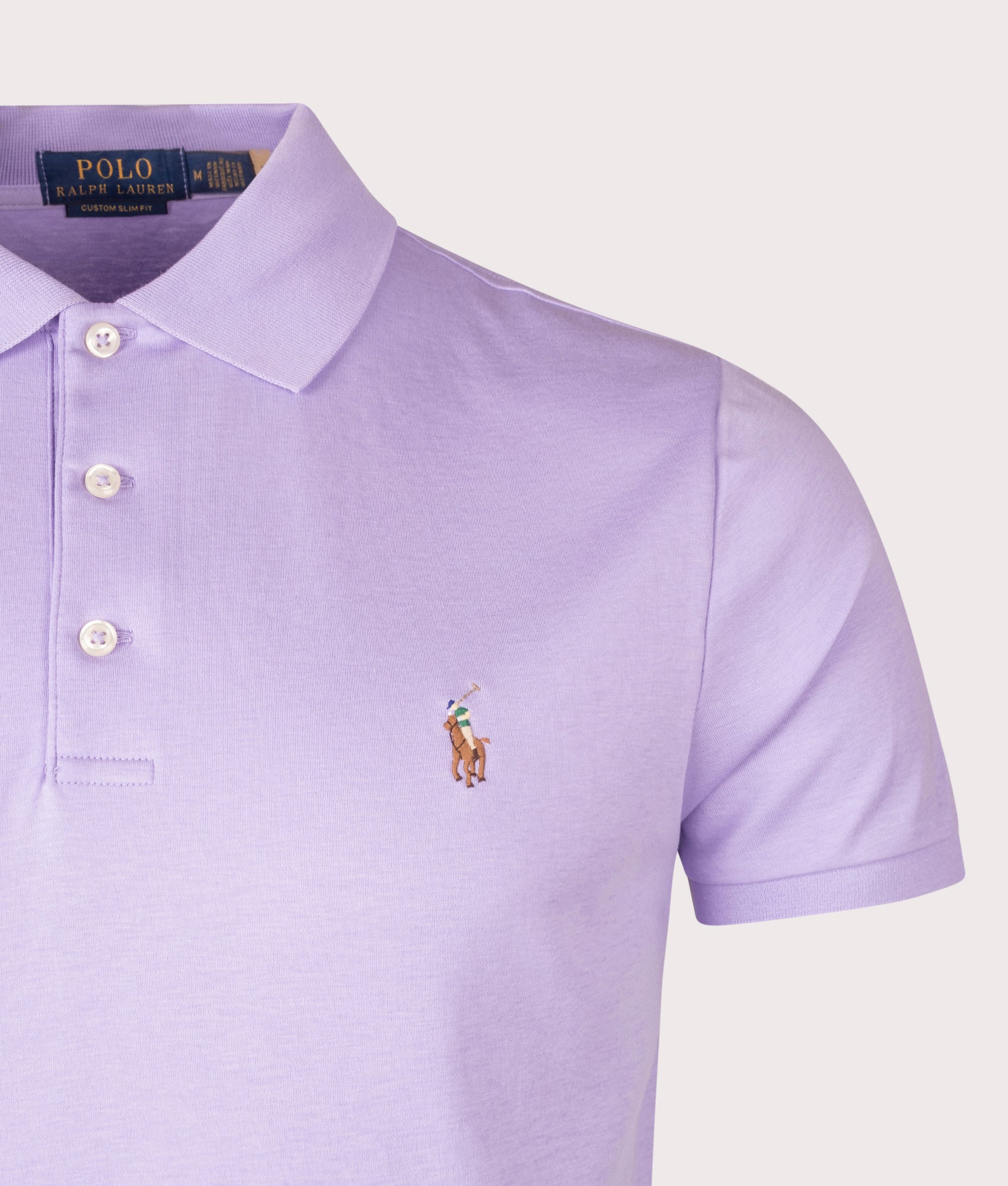 Custom Slim Fit Mesh Polo Shirt in Powder Purple | Polo Ralph Lauren | EQVVS | Front detail shot  