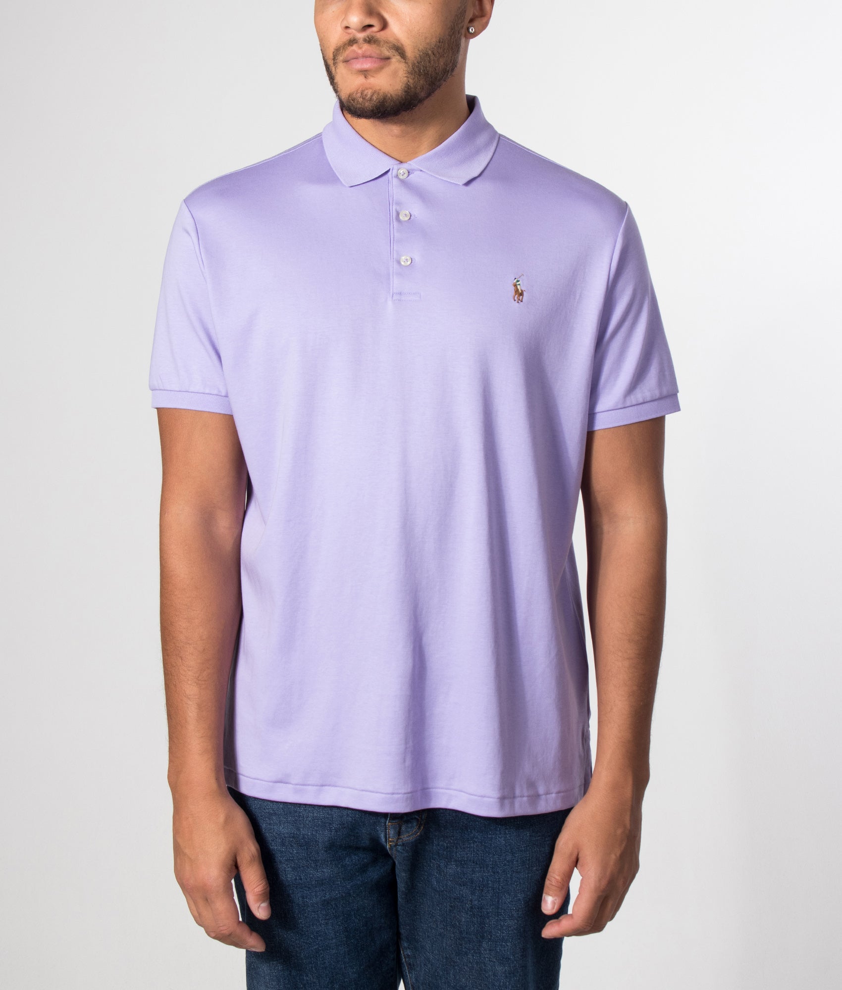 Polo Ralph Lauren Custom Slim Fit Mesh Polo Shirt in Powder Purple at EQVVS Menswear. Model front shot.