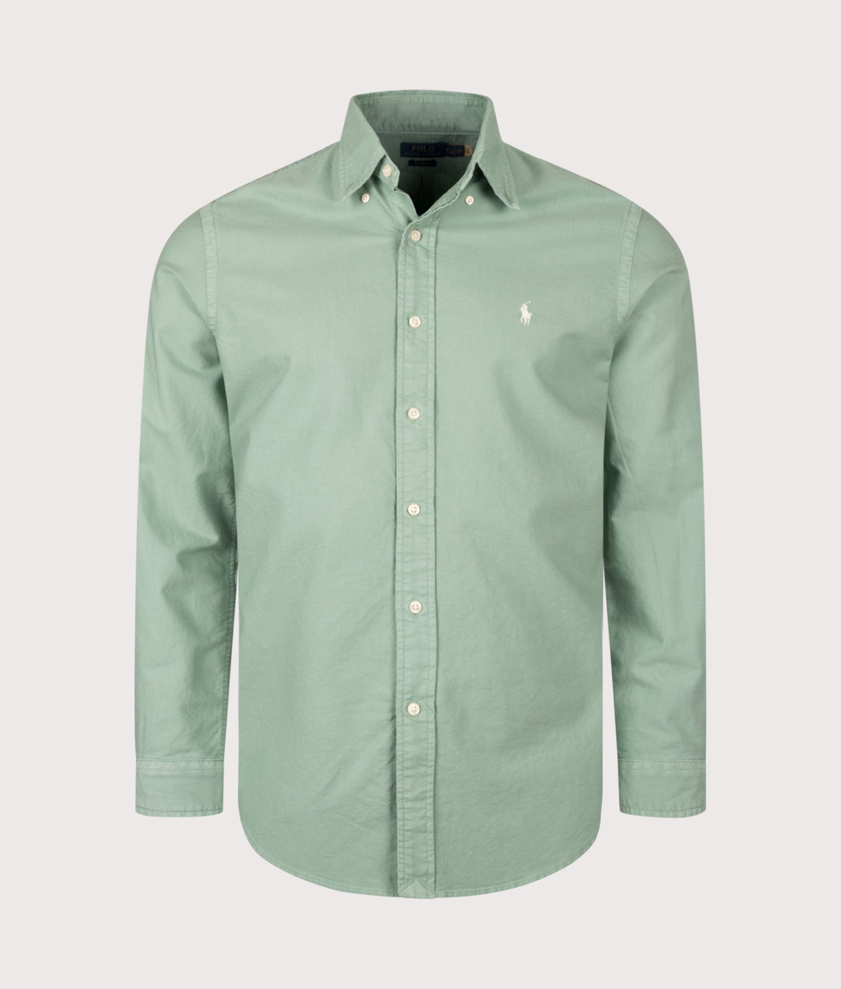 Polo Ralph Lauren Custom Fit Garment-Dyed Oxford Shirt in Faded Mint at EQVVS Menswear. Front shot.