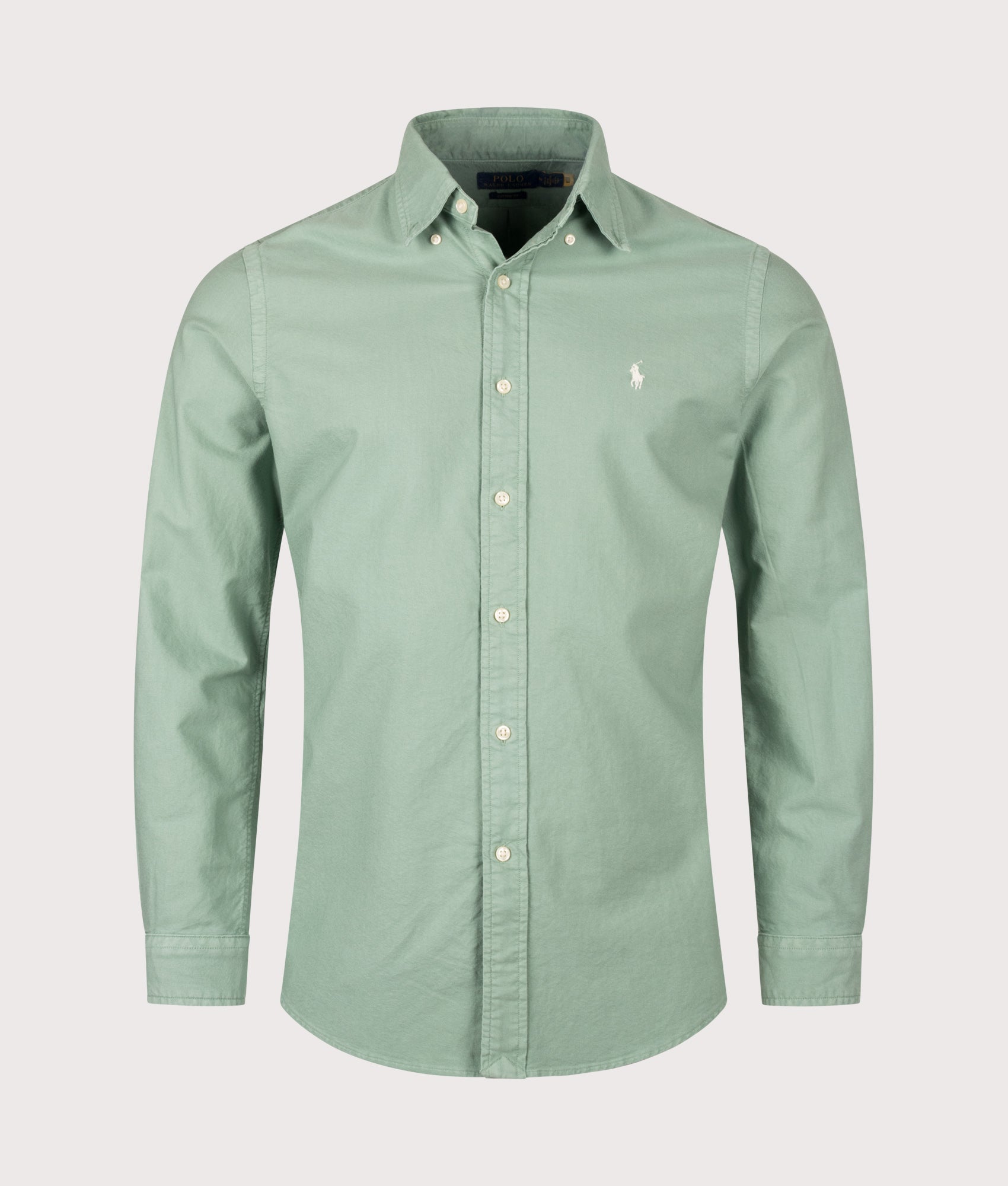 Polo Ralph Lauren Custom Fit Garment-Dyed Oxford Shirt in Faded Mint at EQVVS Menswear. Front shot.